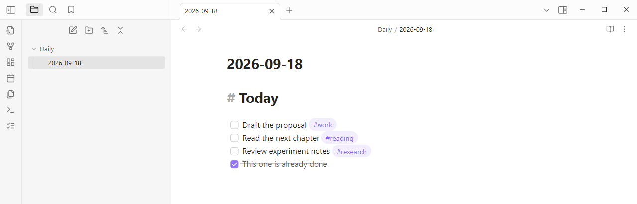 Demo daily note containing three unchecked tasks with hashtags and one checked item