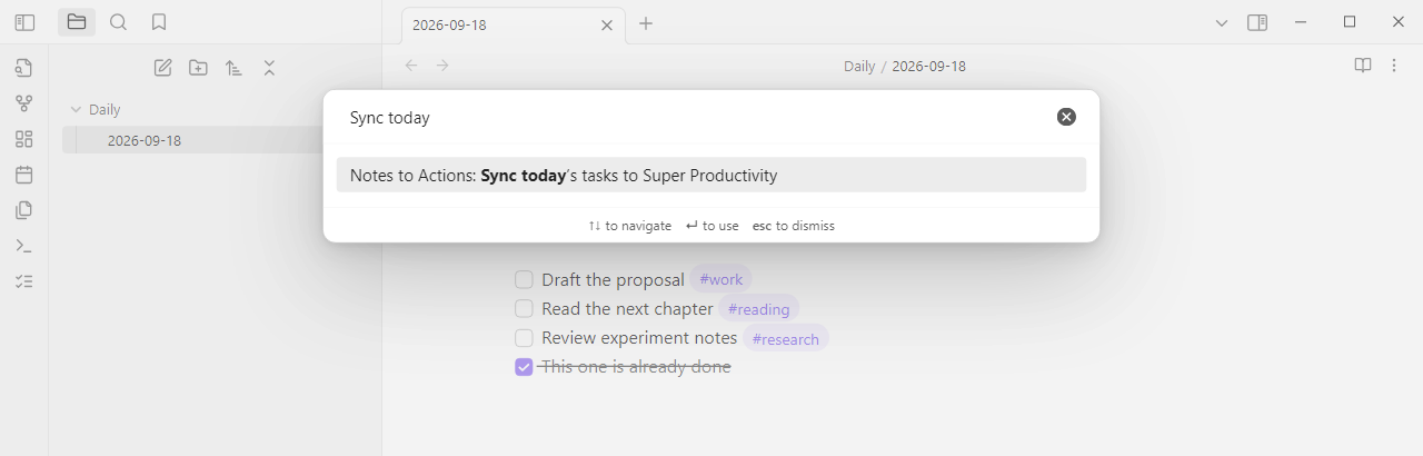 Obsidian command palette filtered to the Sync today's tasks to Super Productivity command