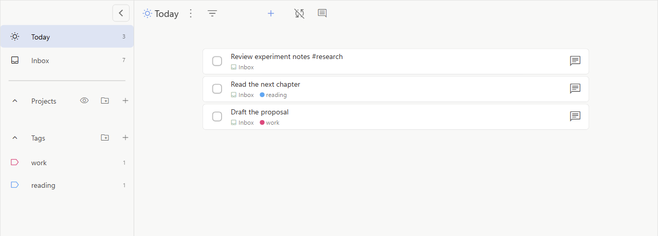 Super Productivity Today showing three imported tasks, work and reading tags, and the unmatched research hashtag as title text