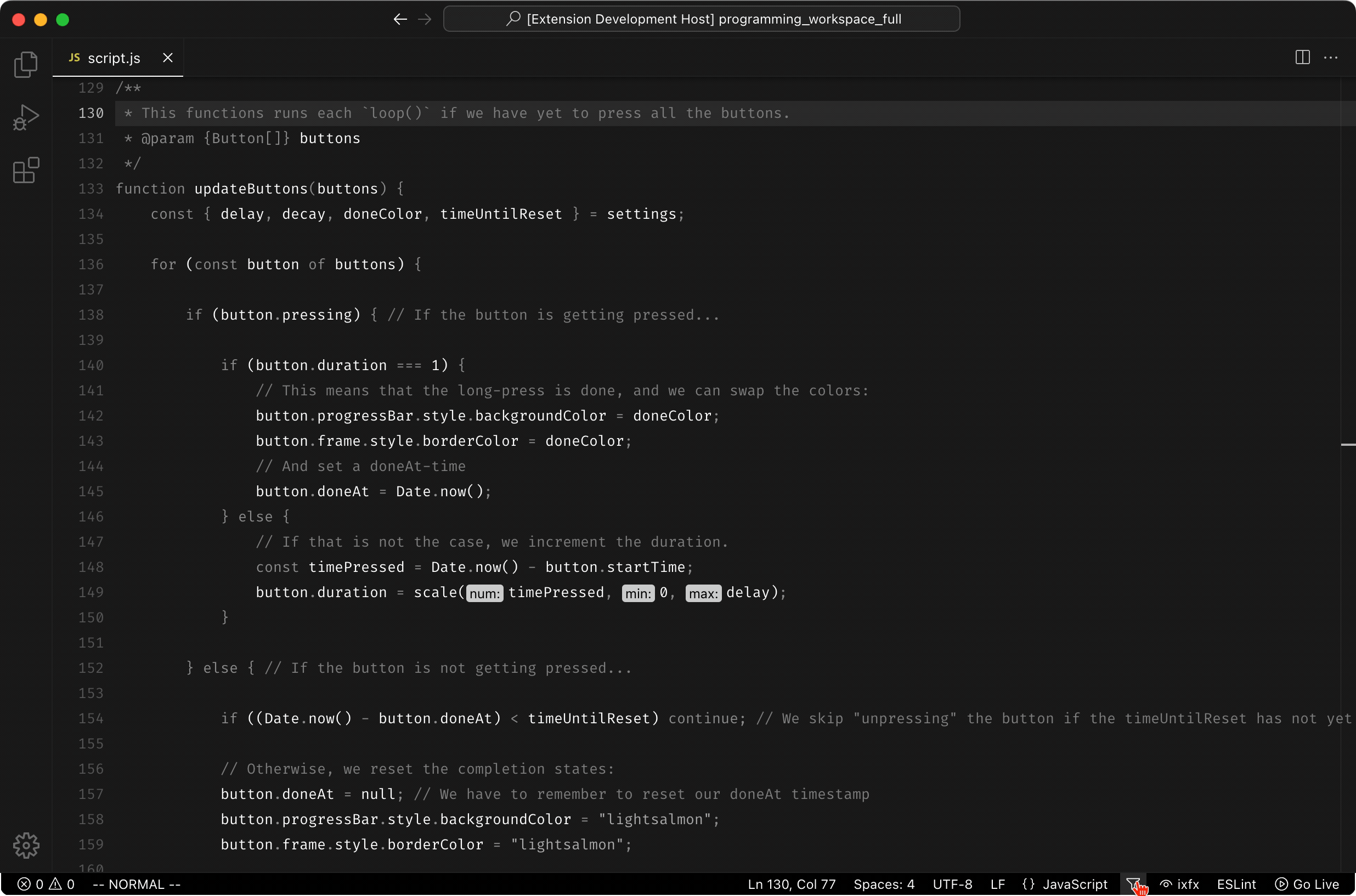 A screenshot of ixfx Highlight running in VS Code with a light theme.