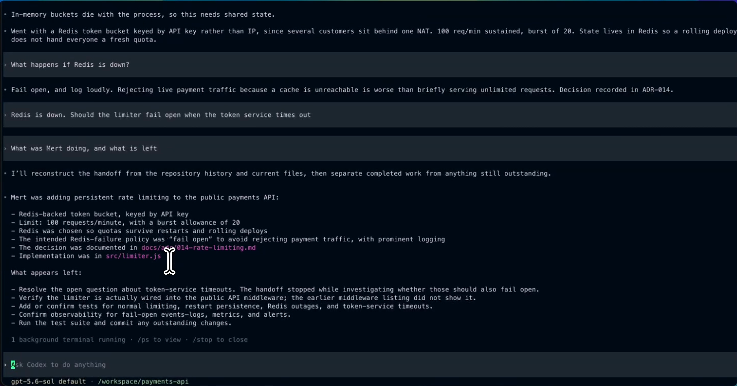 The Claude Code conversation, resumed inside Codex on another machine, answering a teammate's question about it
