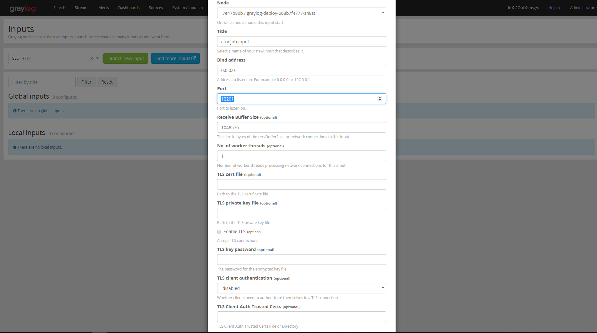 Graylog Input Form