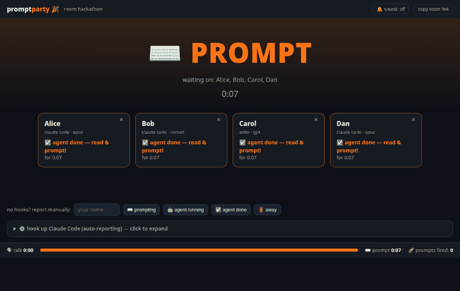 promptparty demo β the dashboard flipping between TALK and PROMPT
