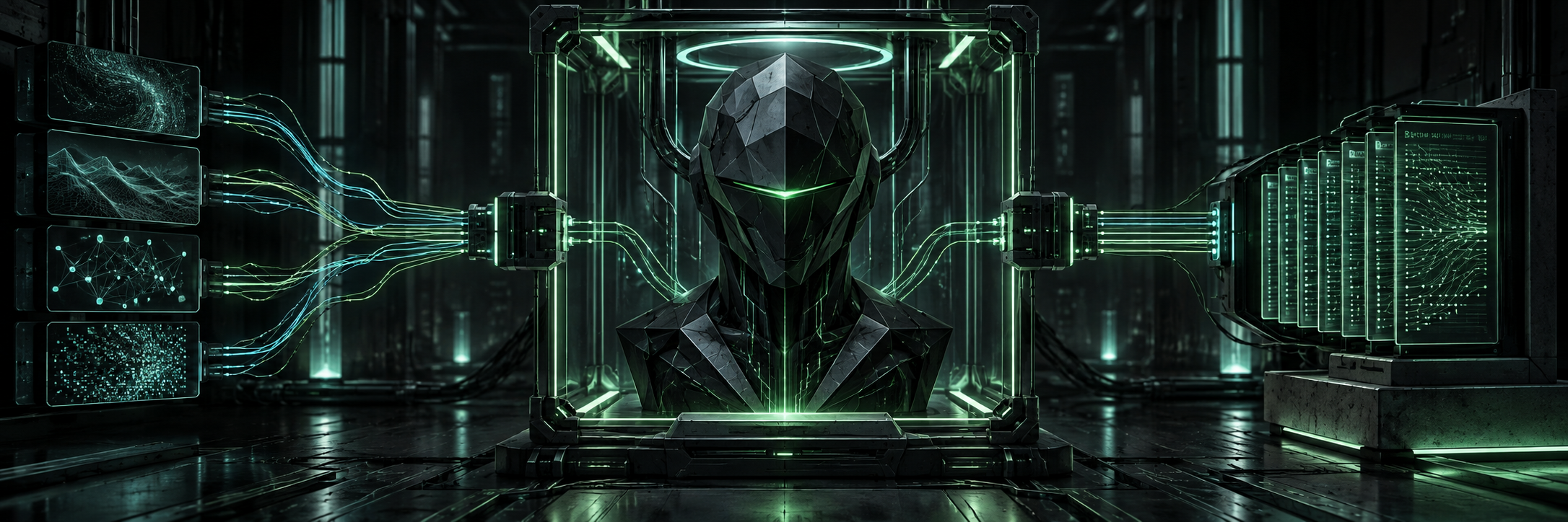 An autonomous machine agent inside a luminous control boundary, with observations entering through gates and evidence records leaving the system. Conceptual cover art.