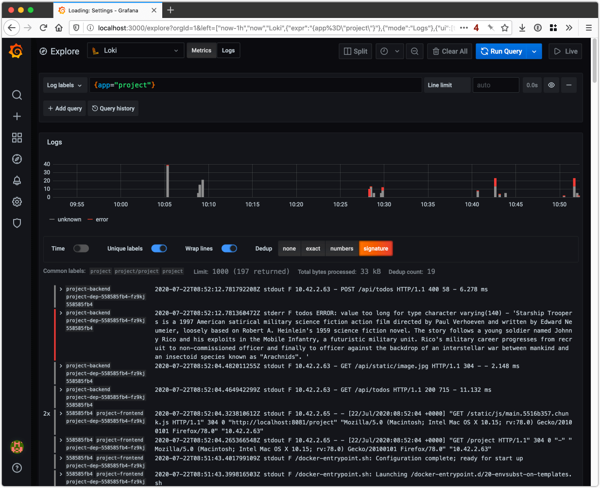 Screenshot of Grafana with Loki