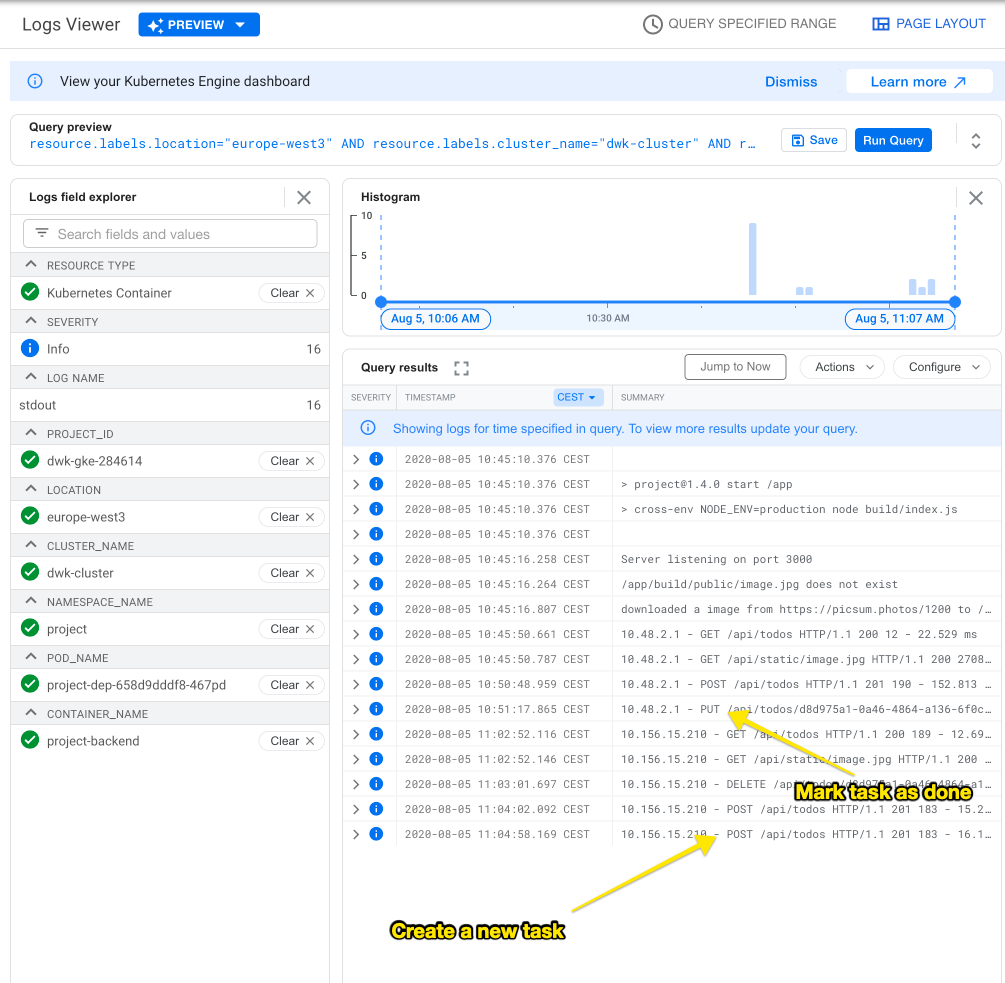 Screenshot of Logging in GKE