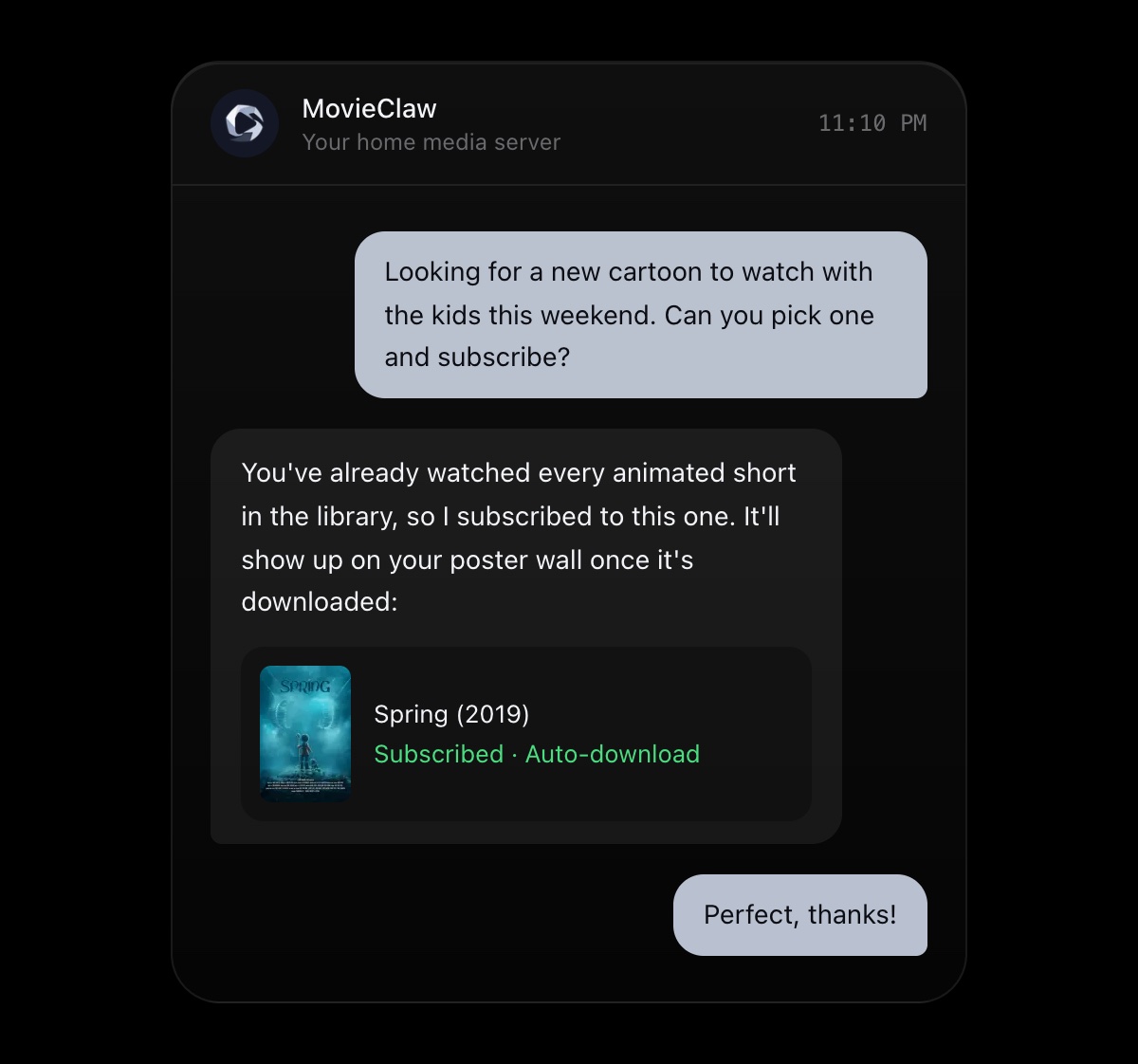 Asking MovieClaw in a chat app to pick a cartoon and subscribe (illustration)