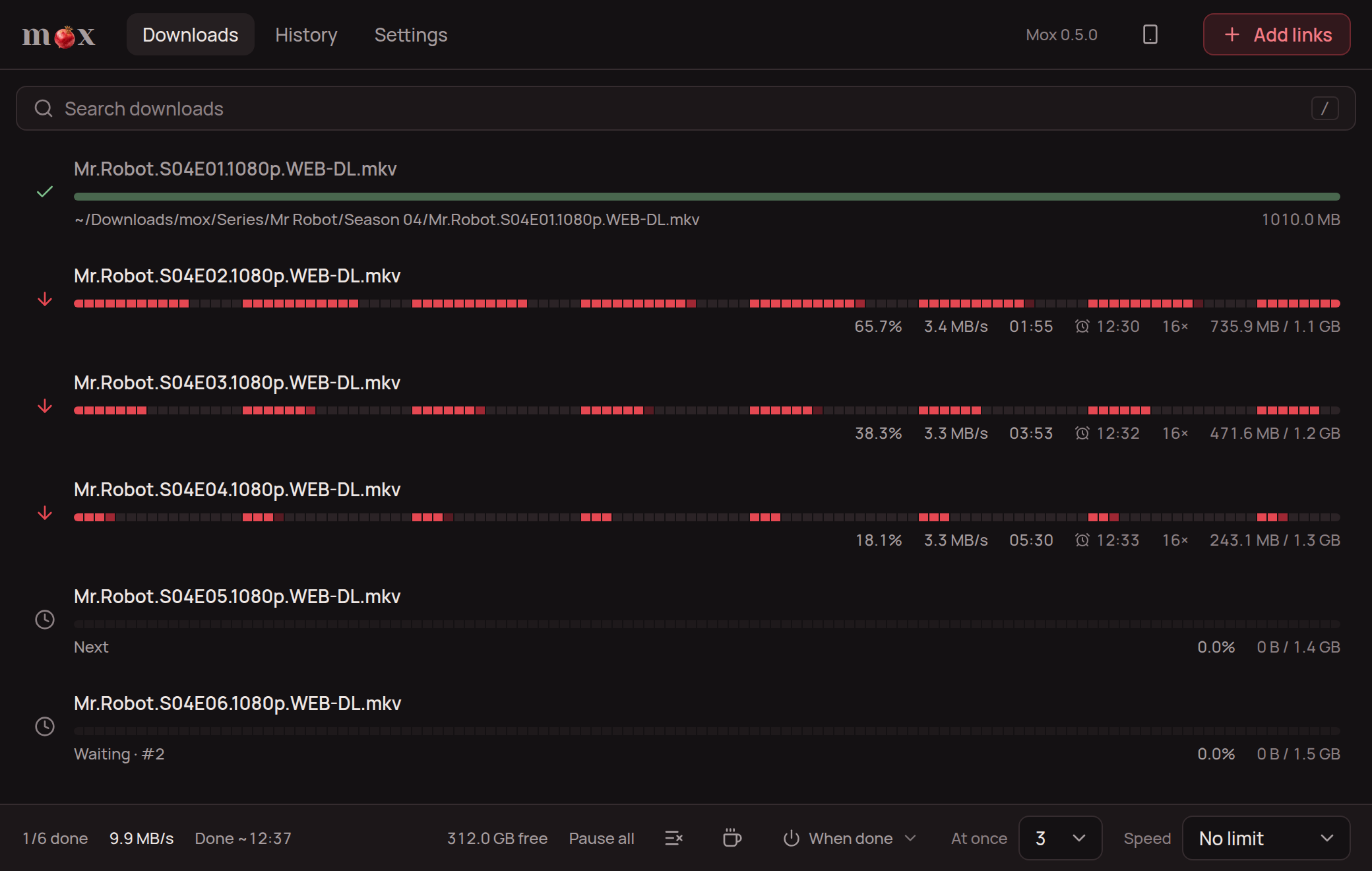 The mox desktop app downloading a season of a series