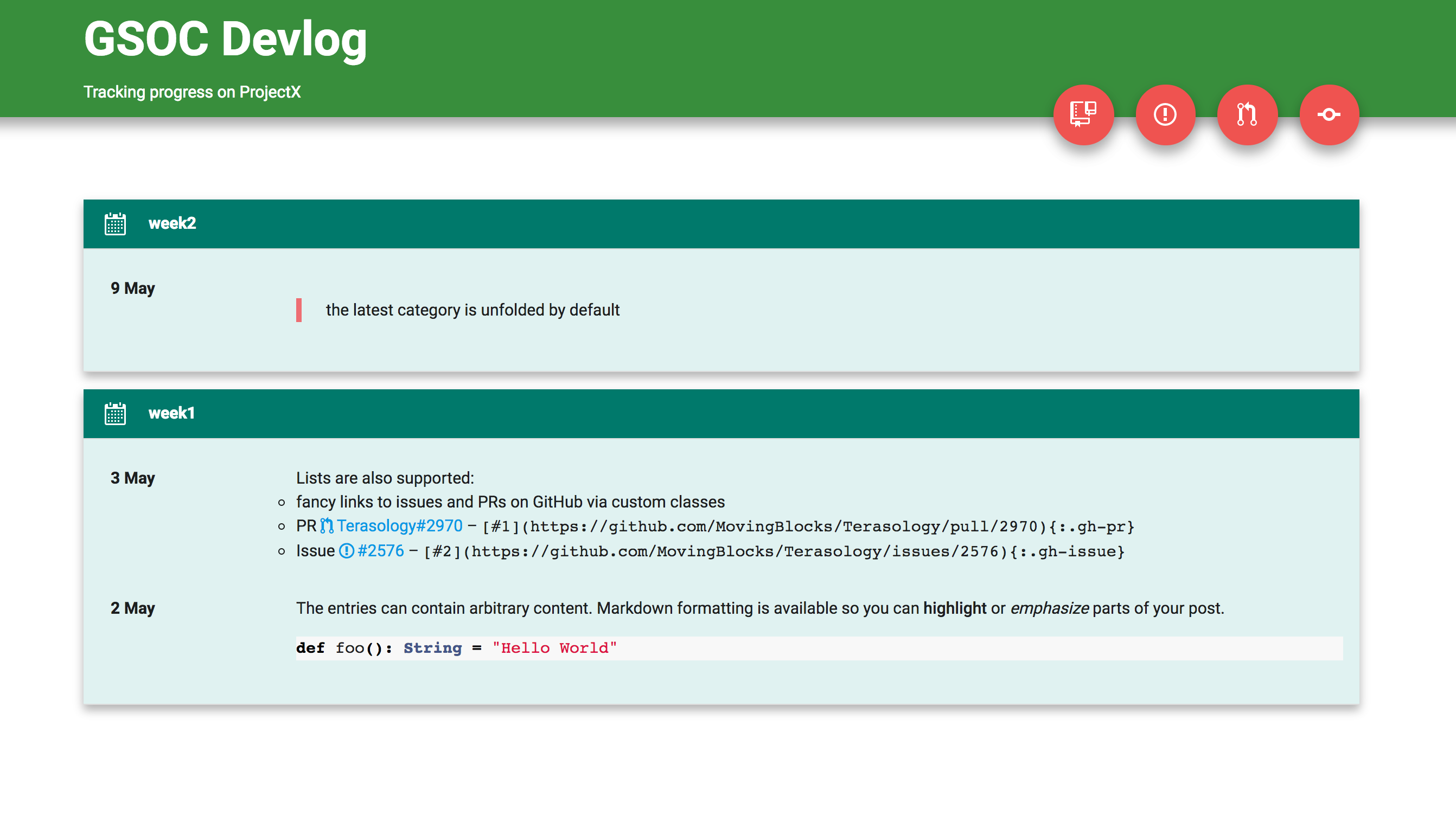 Example screenshot of the Devlog.