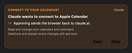 The menu bar app asks: Claude wants to connect to Apple Calendar, with Deny and Allow