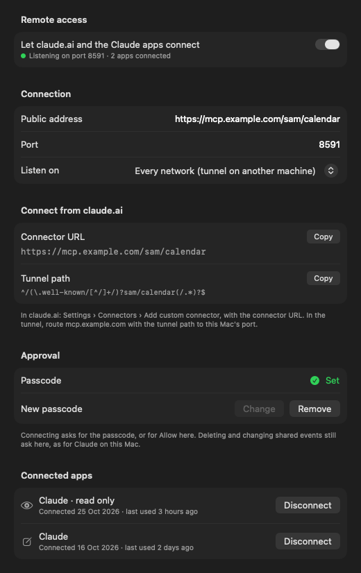 Remote access settings: the switch with its status, the connection, the connector URL and tunnel path to copy, the passcode, and two connected Claude apps with Disconnect