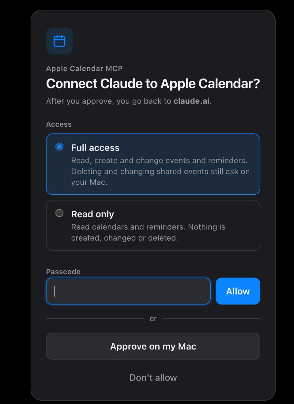 The sign-in page: Connect Claude to Apple Calendar, a choice of full access or read only, the passcode field with Allow, Approve on my Mac, and Don't allow