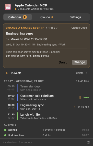 Calendar tab: a shared event change waiting for approval, two more requests below, today's events with what is on now and next, recent activity