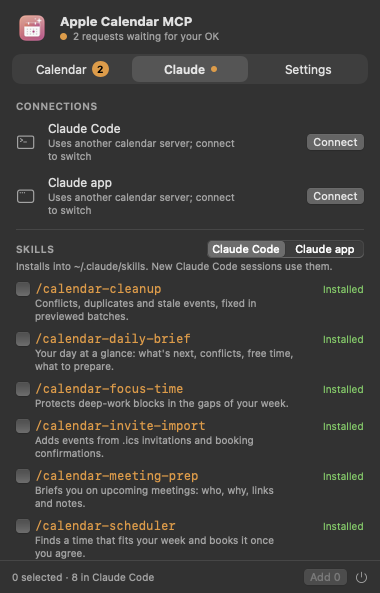 Claude tab: Claude Code and the Claude app, the nine skills by slash command