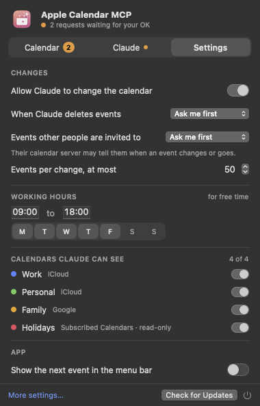 Settings tab: delete and shared-event policies, working hours, what Claude may do with each calendar and reminder list