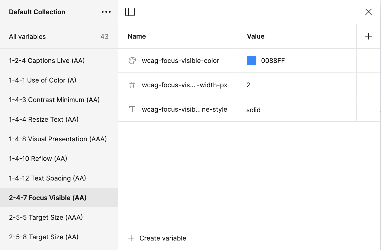 Screenshot of a Figma Variables collection displaying the imported WCAG tokens.