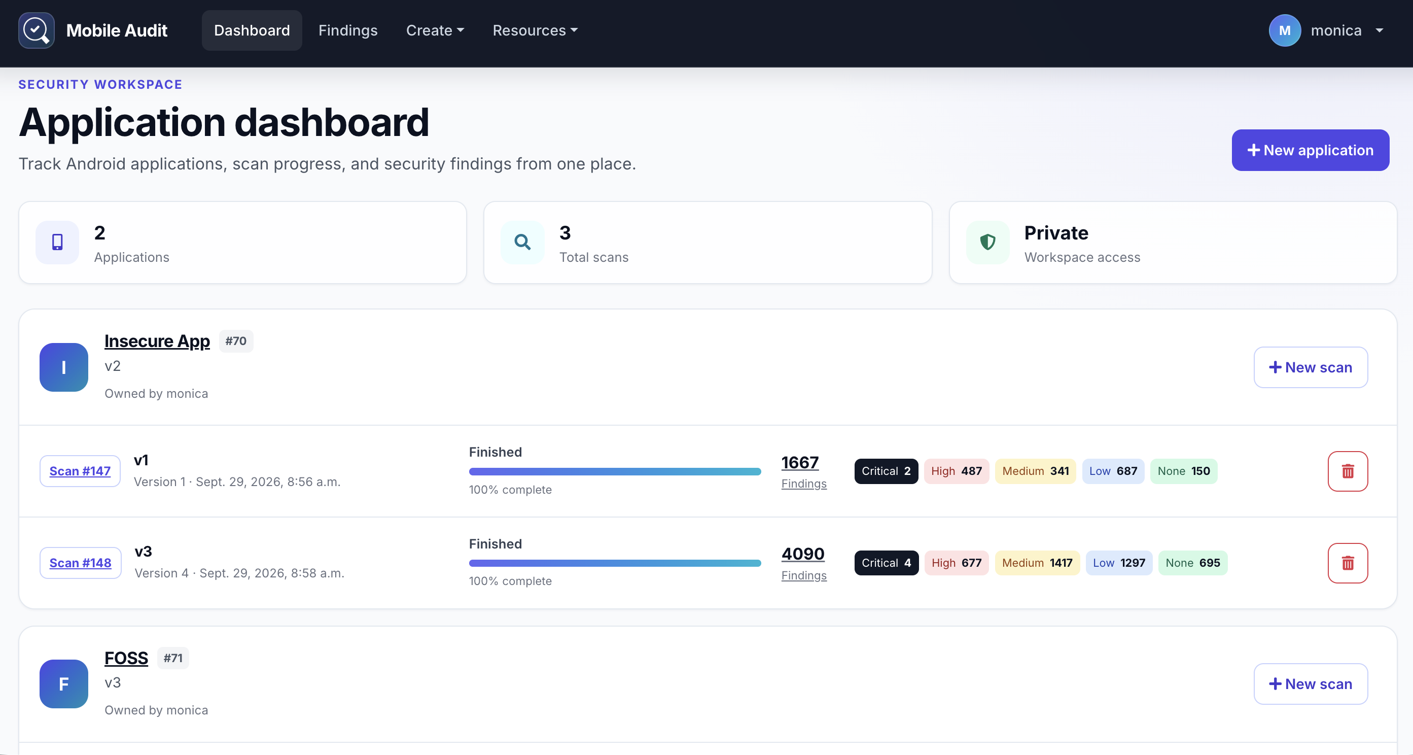 Application dashboard with scan summaries