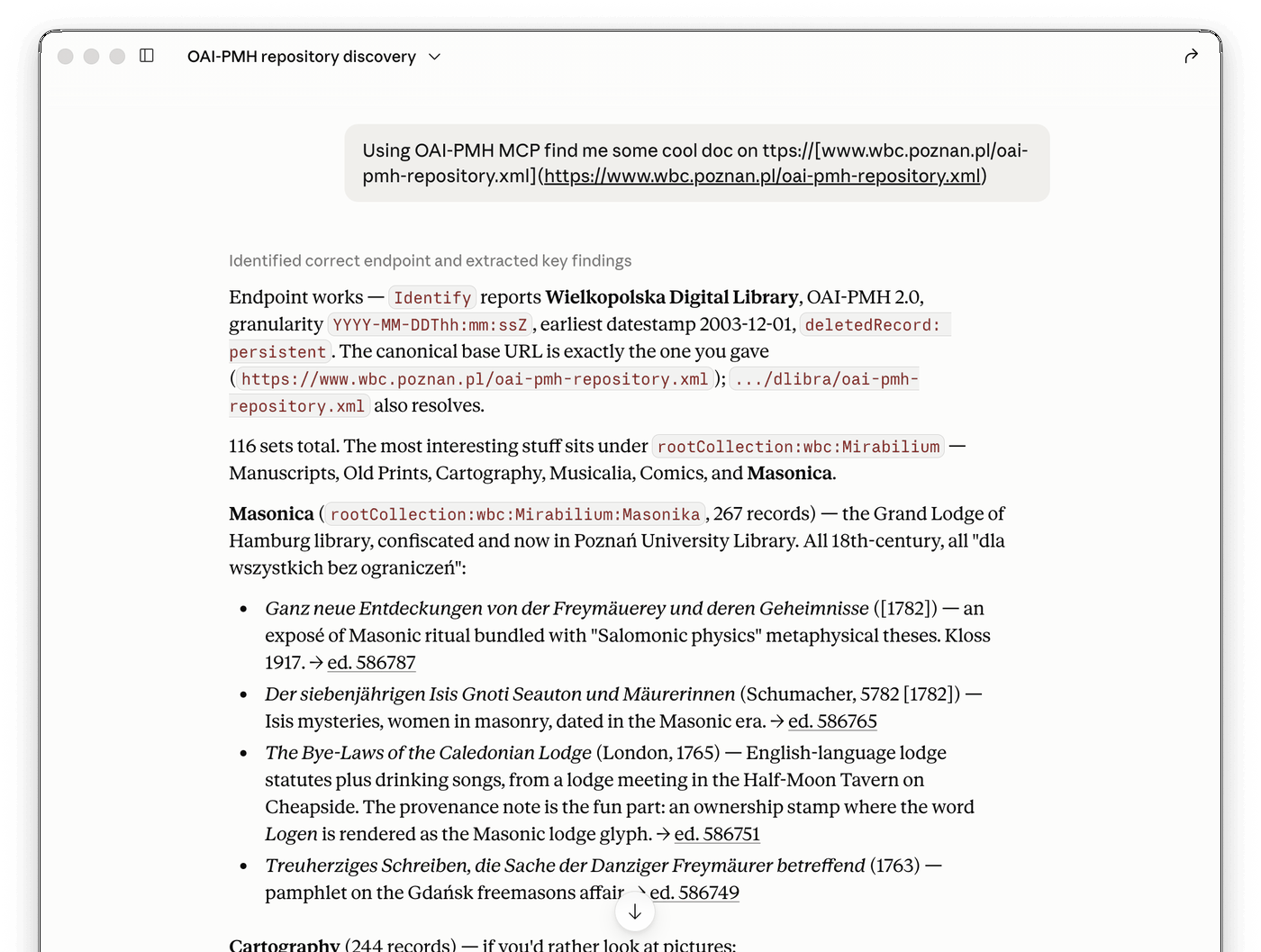 Claude exploring the Wielkopolska Digital Library over OAI-PMH: it confirms the endpoint with Identify, walks the 116 sets, and surfaces 18th-century Masonic prints from the Masonica collection