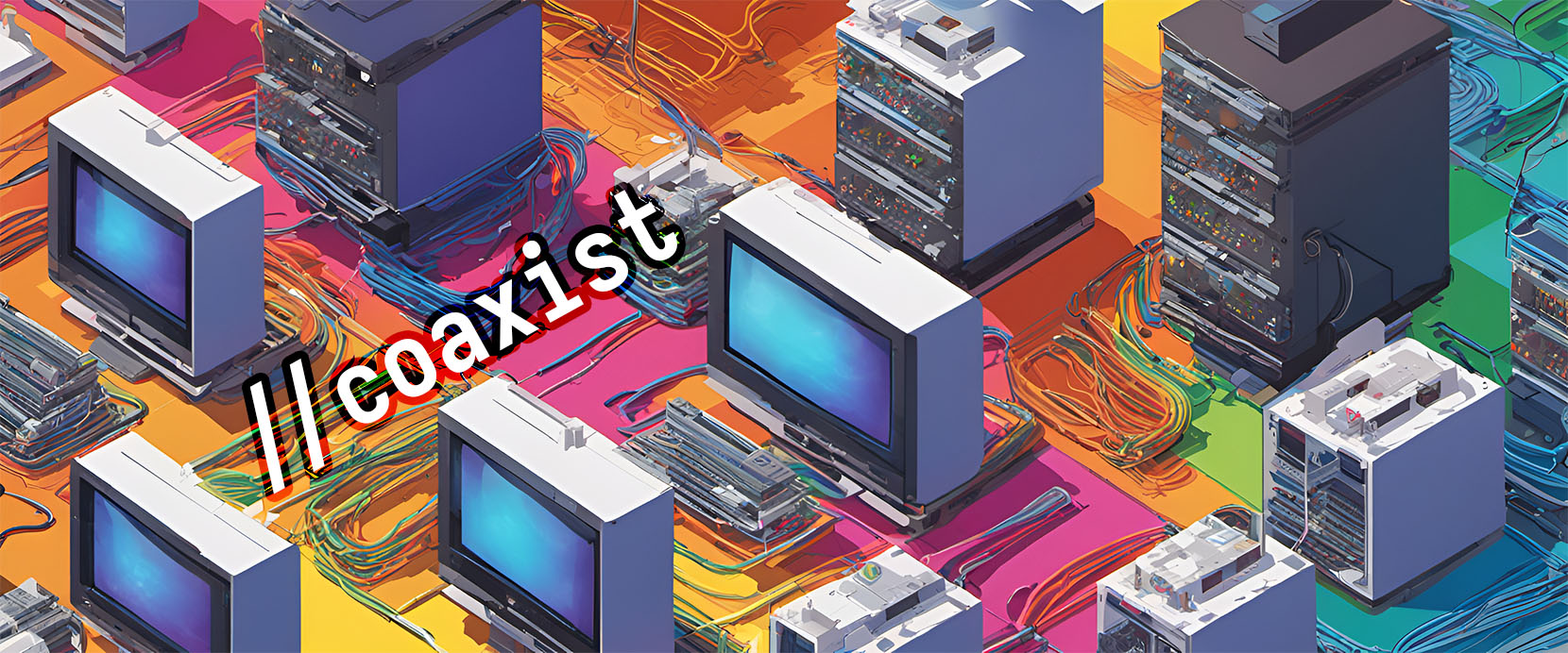 Text that says Coaxist over a sprawling heap of computer equipment on a rainbow-colored floor, generated by SDXL 1.0. Positive prompt: A brightly colored stylized digital illustration for a magazine cover. The camera is placed at an isometric angle. In a brightly-lit outdoor space, piles of computer monitors, televisions, and server racks are stacked on top of each other. Brightly-colored bundles of rainbow ethernet cables connect the displays and the server racks. Circuit traces are visible everywhere. The entire image is covered in a smooth rainbow gradient.