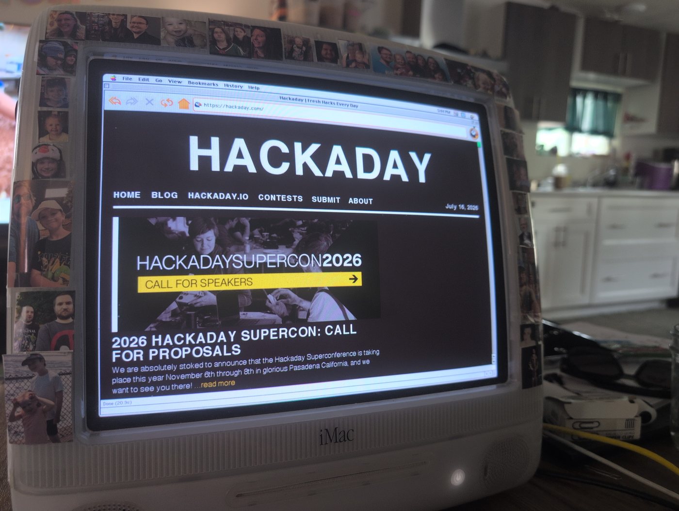 Hackaday.com rendering on a sticker-covered iMac G3 running Mac OS 9