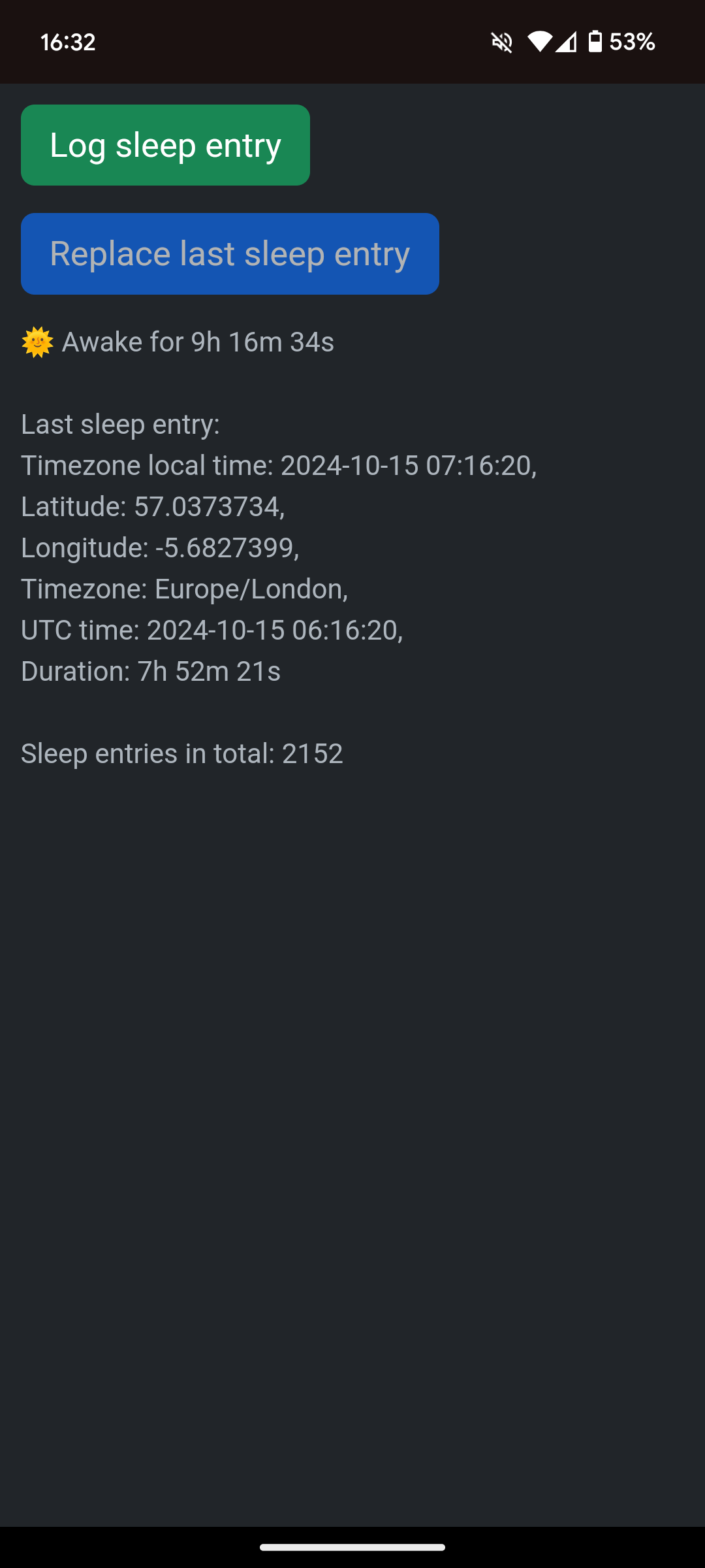 An example of a sleep logged during 22nd of December