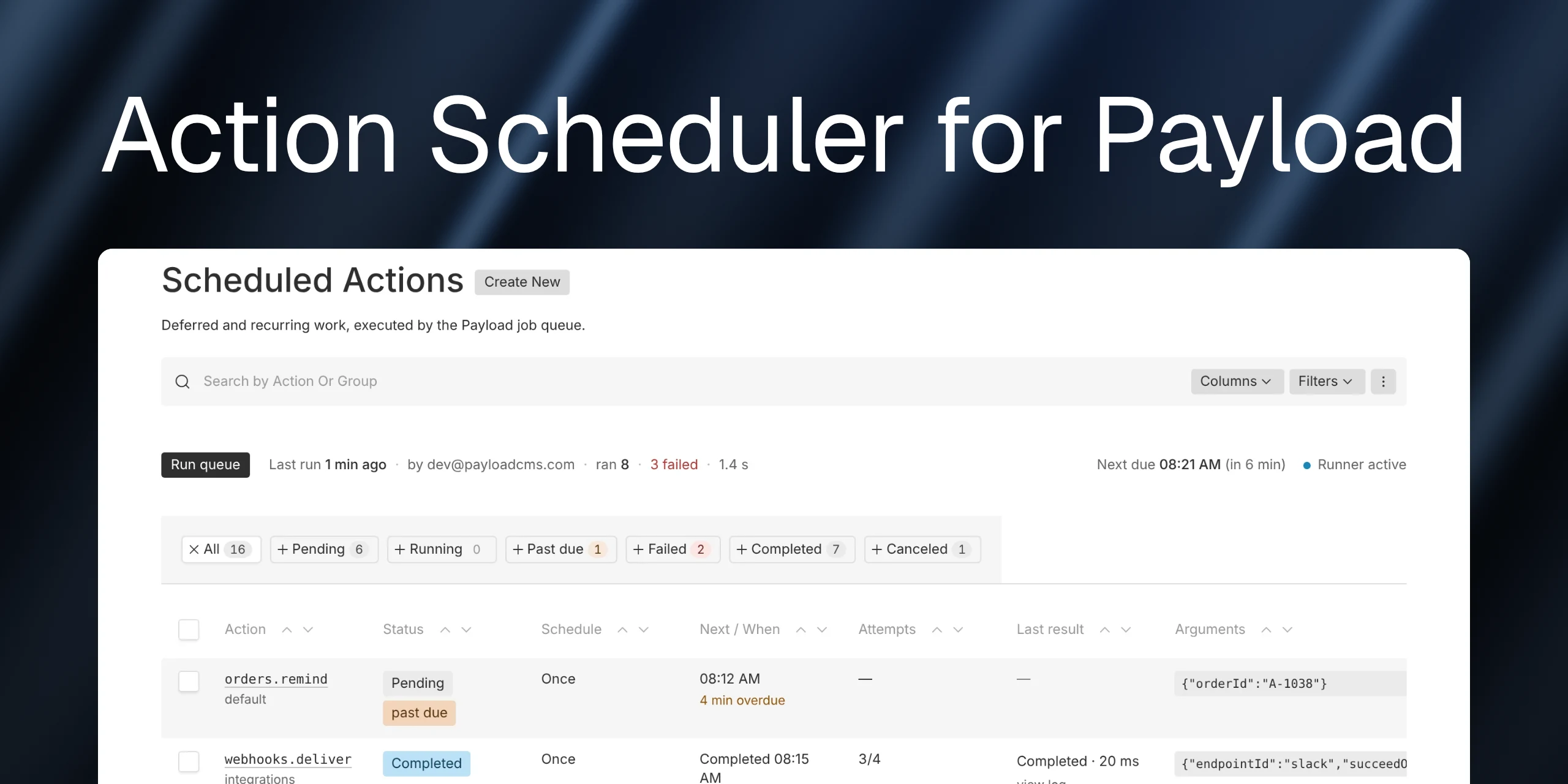 Action Scheduler for Payload — admin screenshot