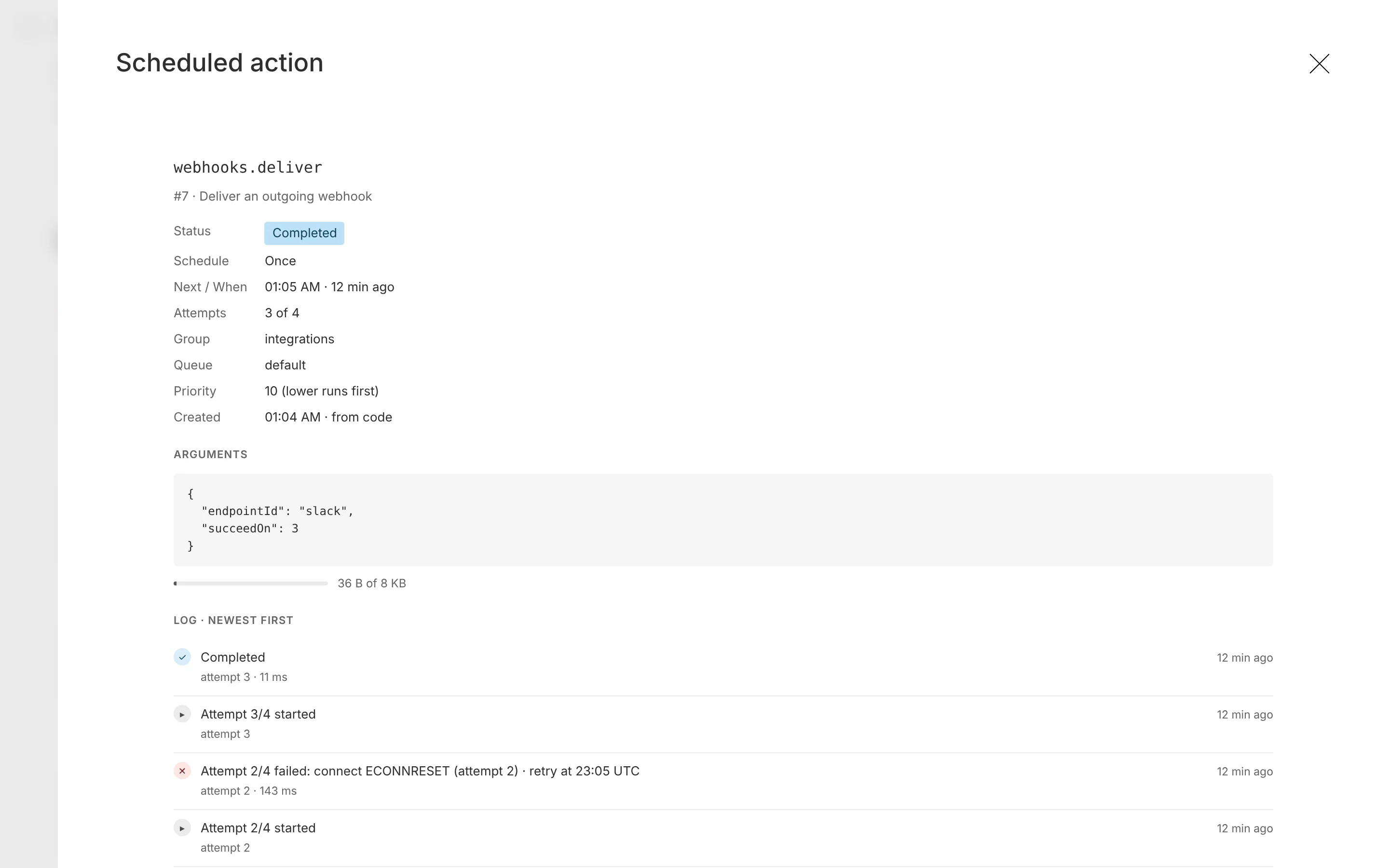 The log drawer of a retried webhook