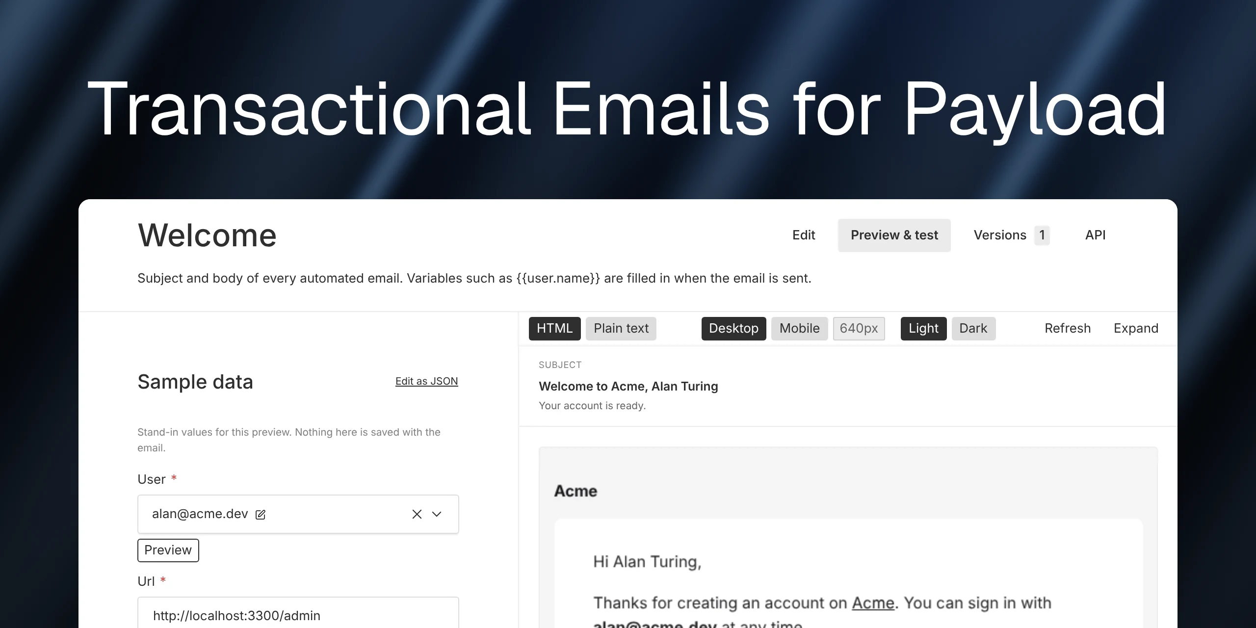 Transactional Emails for Payload — admin screenshot