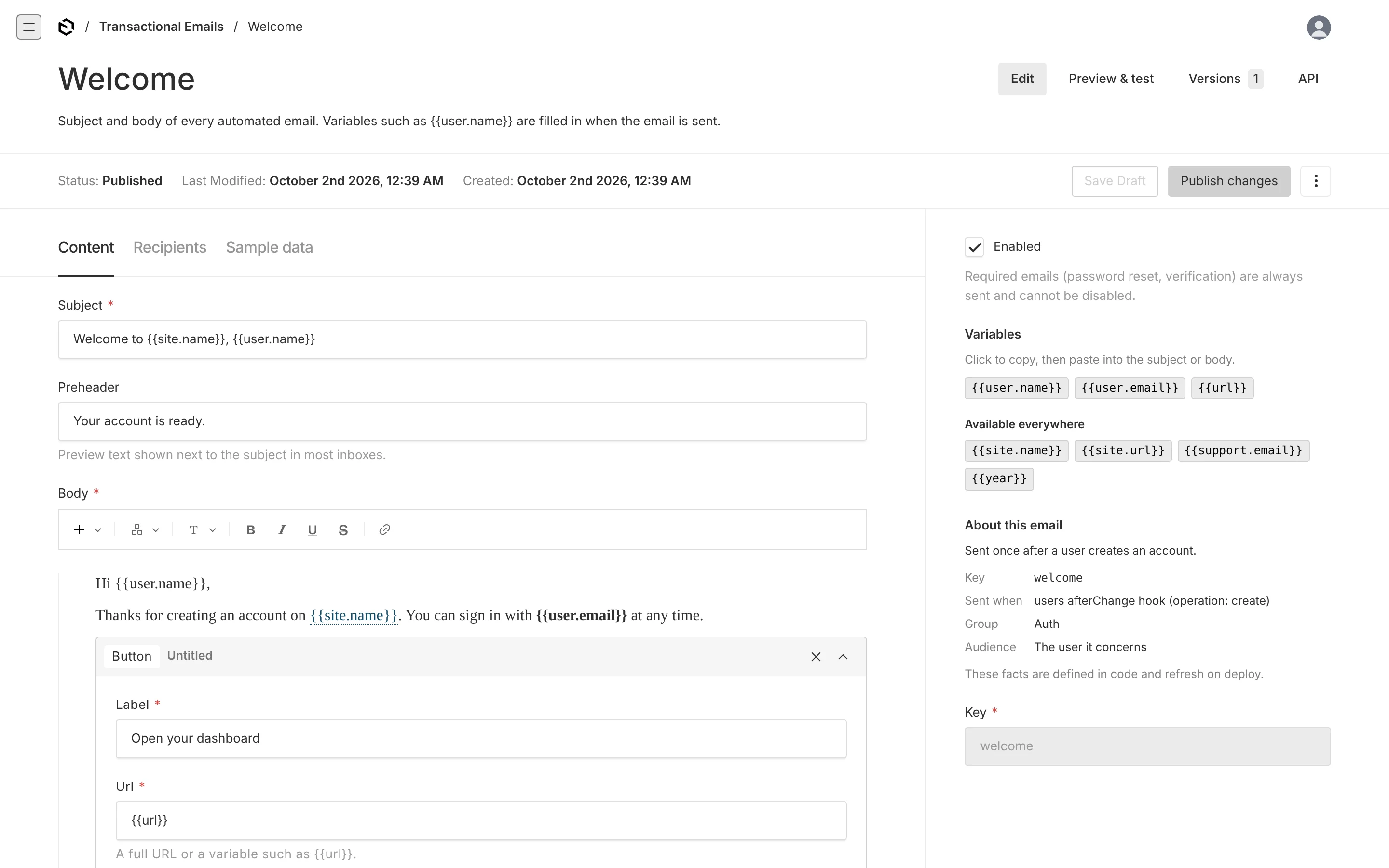 Editing an email with its variable chips