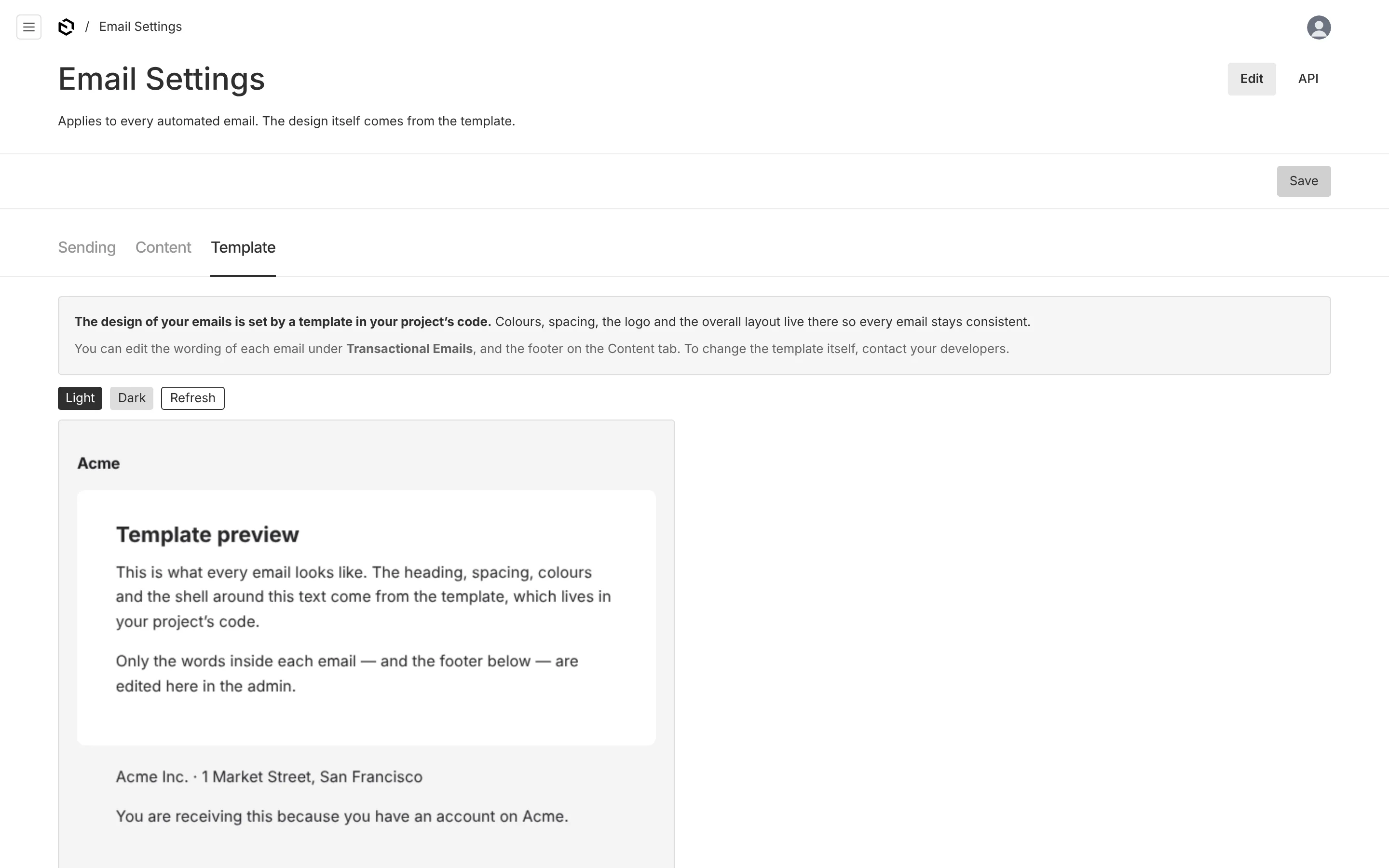 Email Settings, Template tab