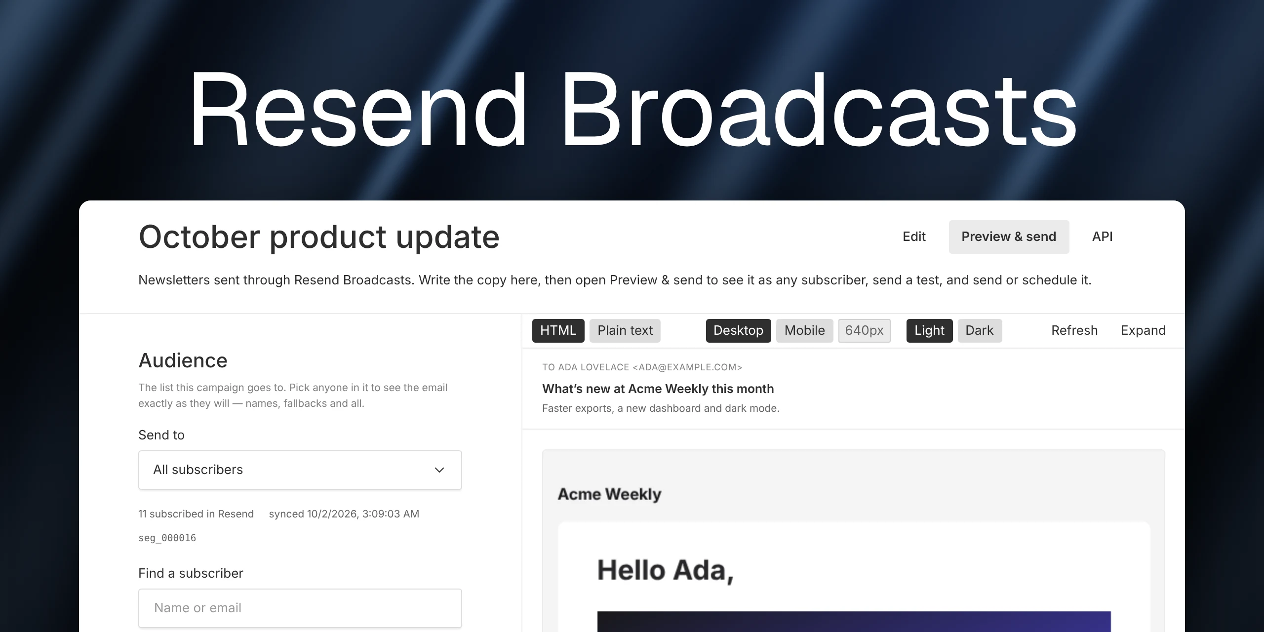 Resend Broadcasts — admin screenshot