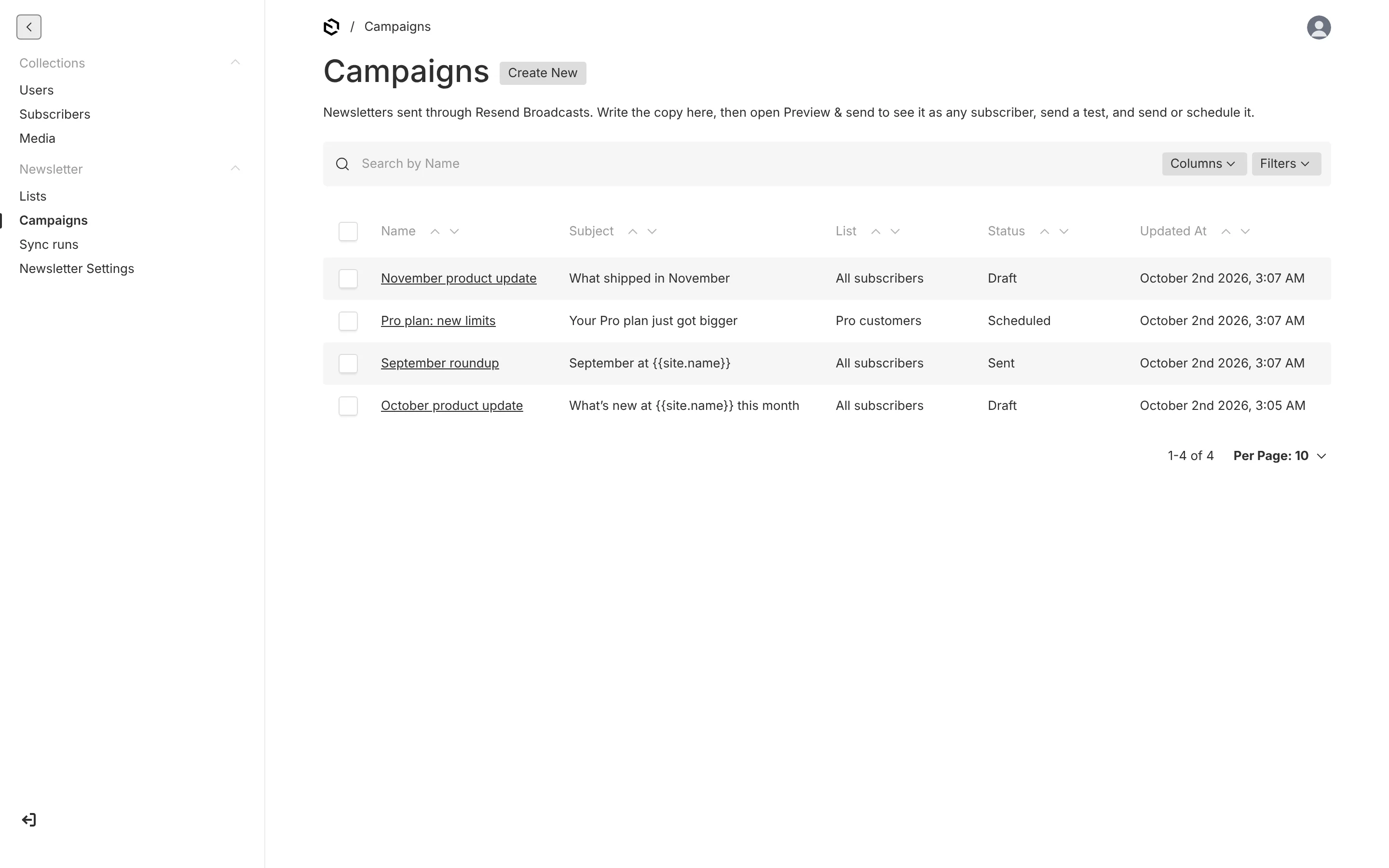 The campaigns list