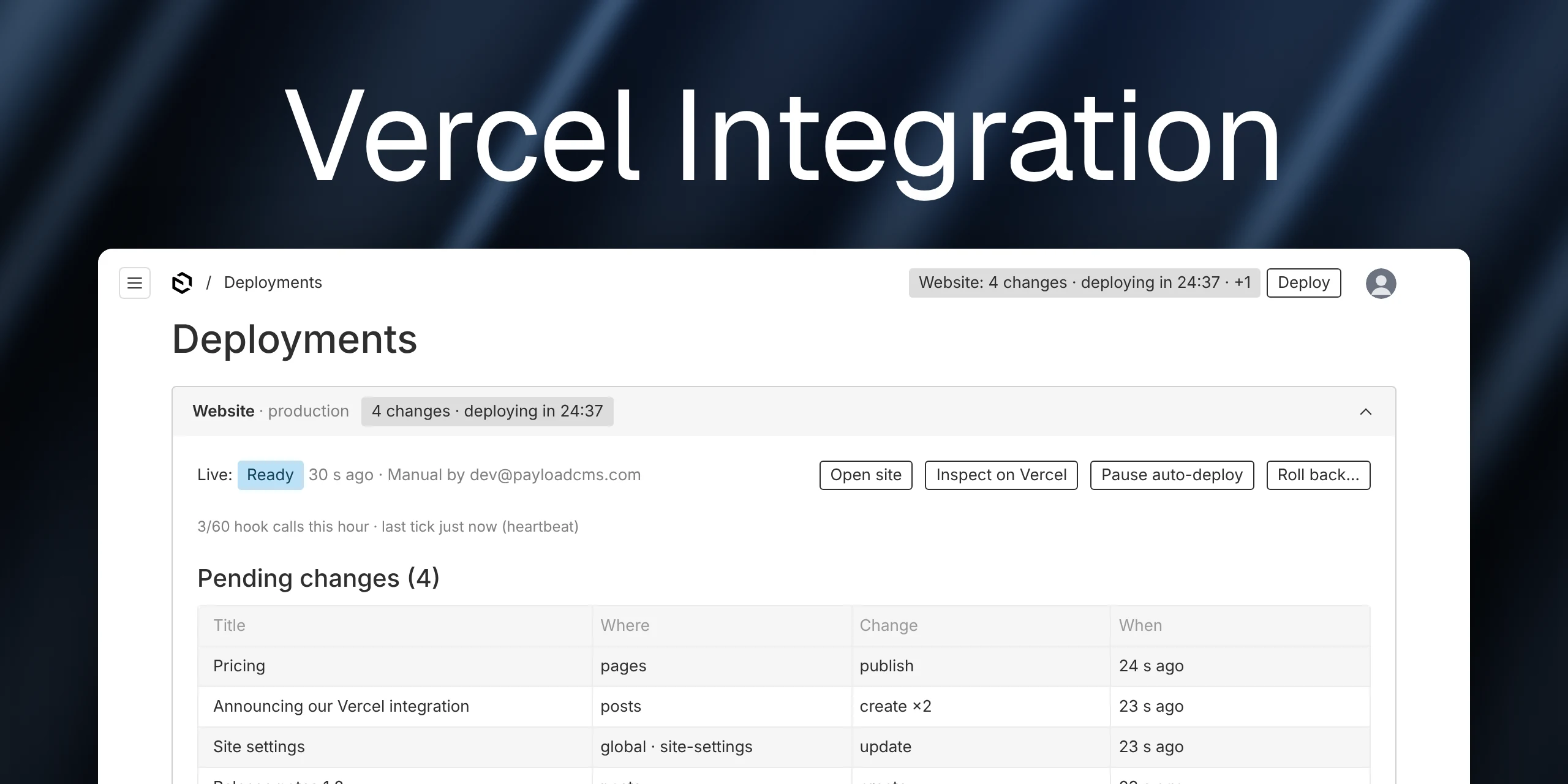 Vercel Integration — admin screenshot