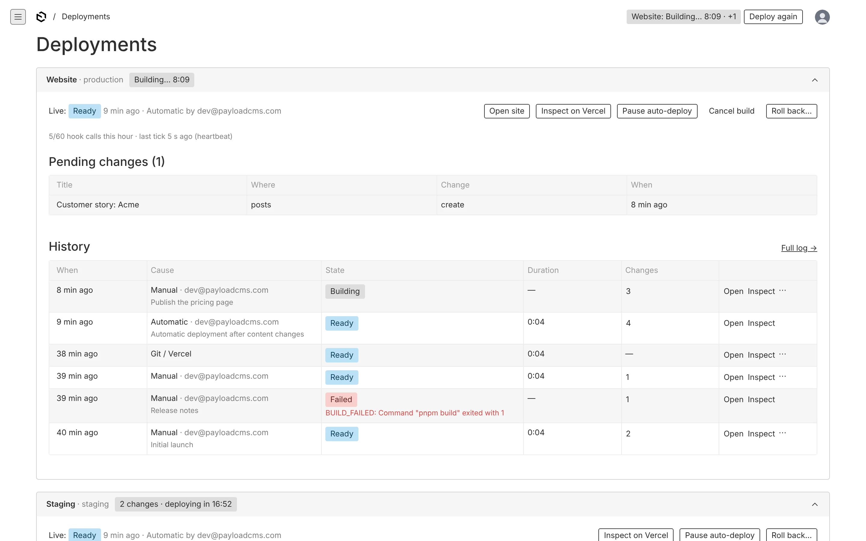Deployment history with a failed build