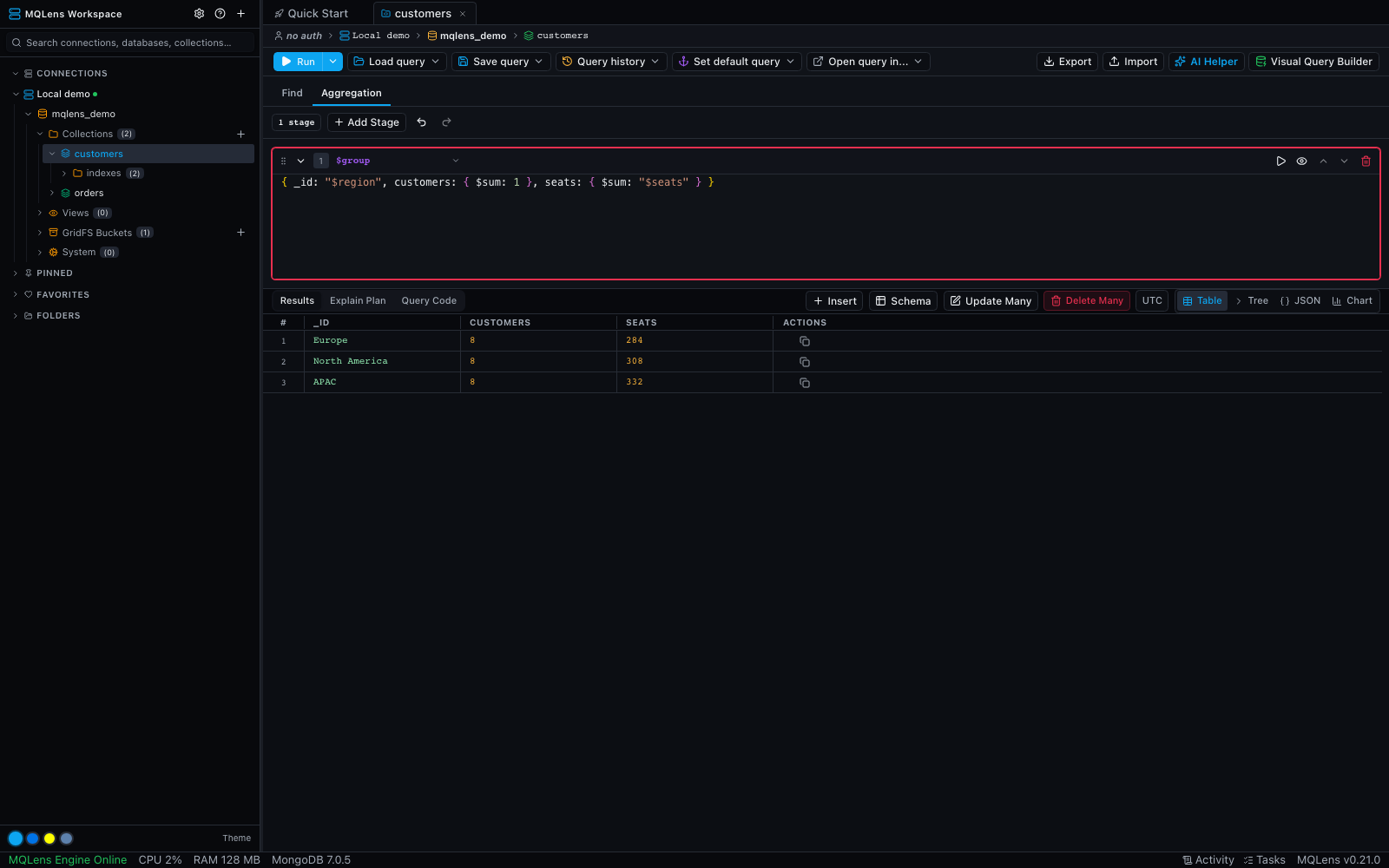 MQLens aggregation stages with sample results