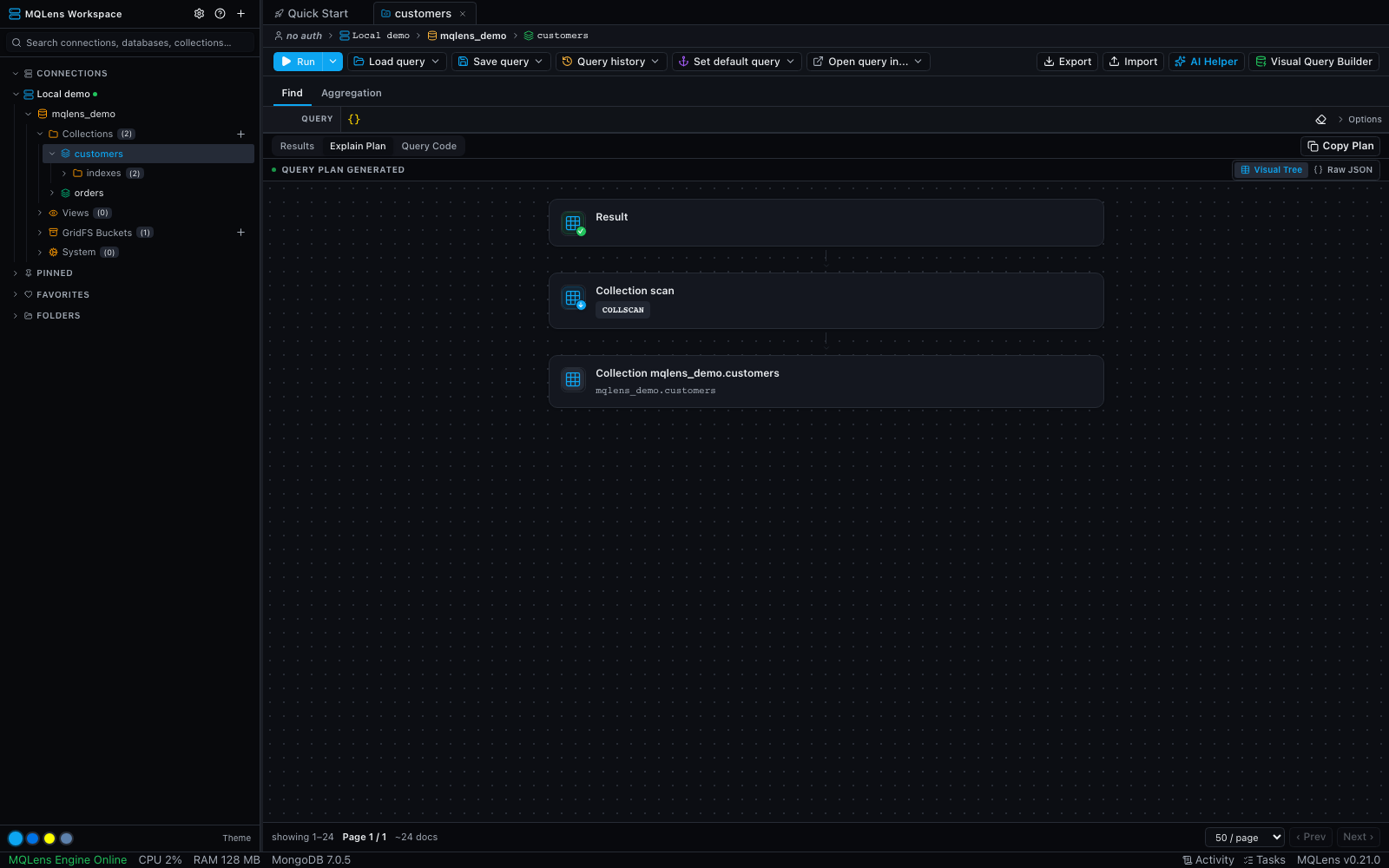 MQLens explain plan with sample execution details