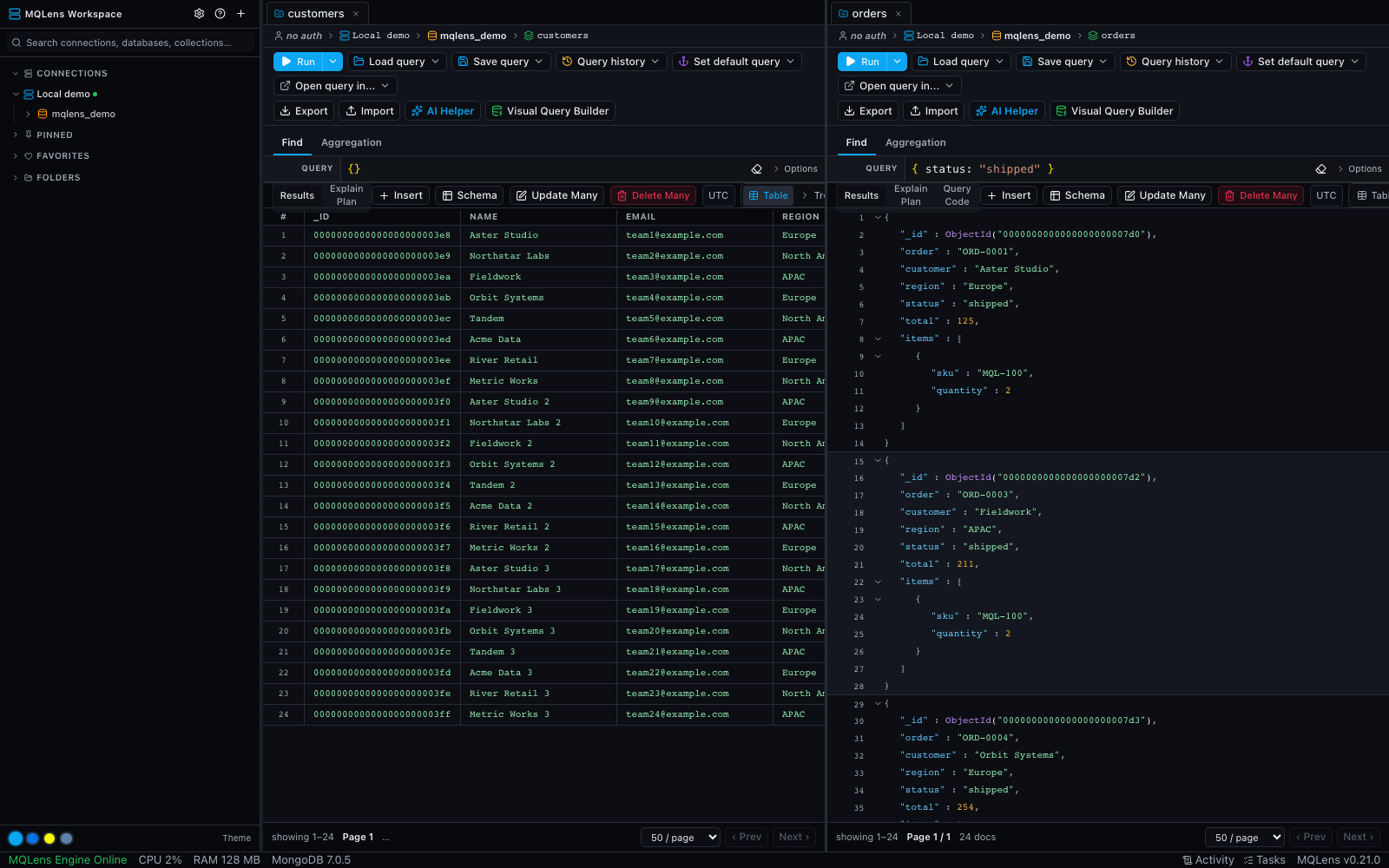 MQLens workspace with two collections open side by side