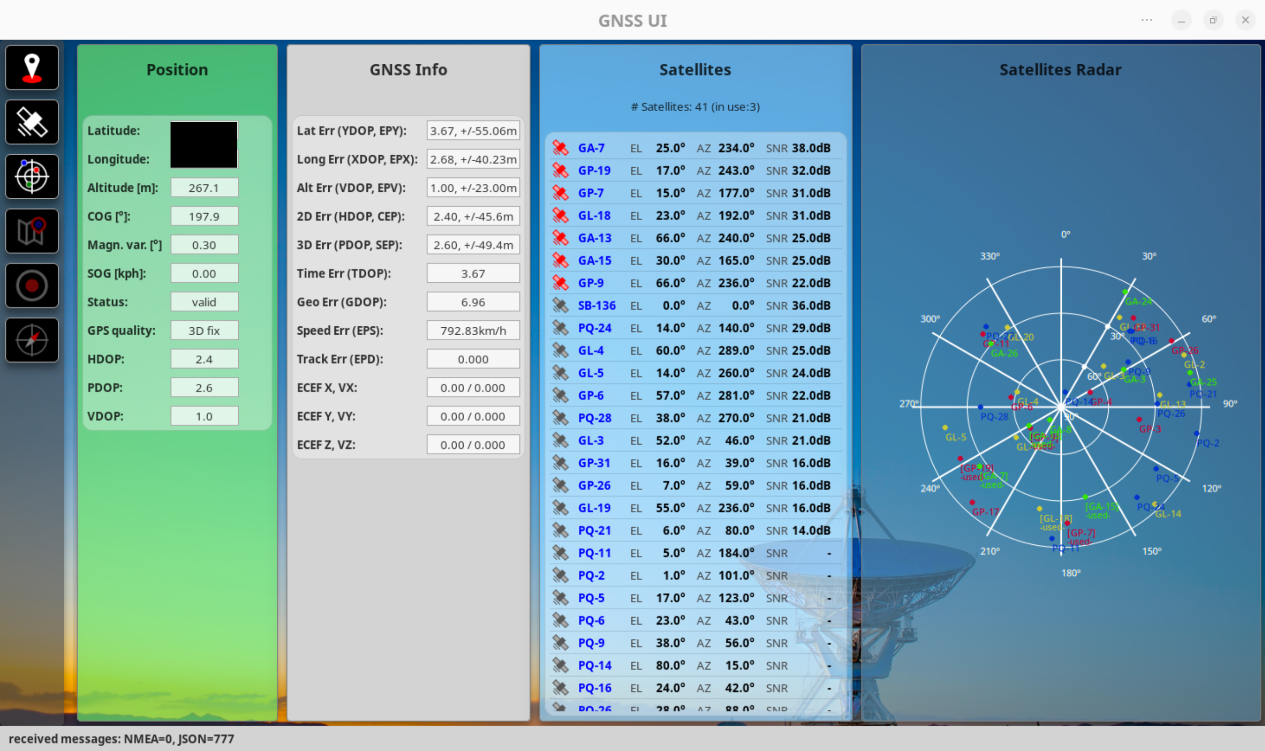 Main window with position and satellites information