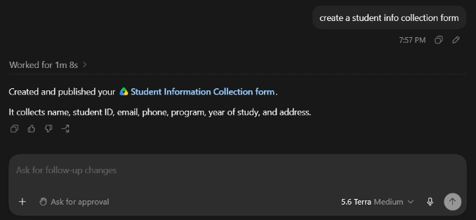 AI Assistant creating a Student Info Collection Form automatically with Google Forms MCP