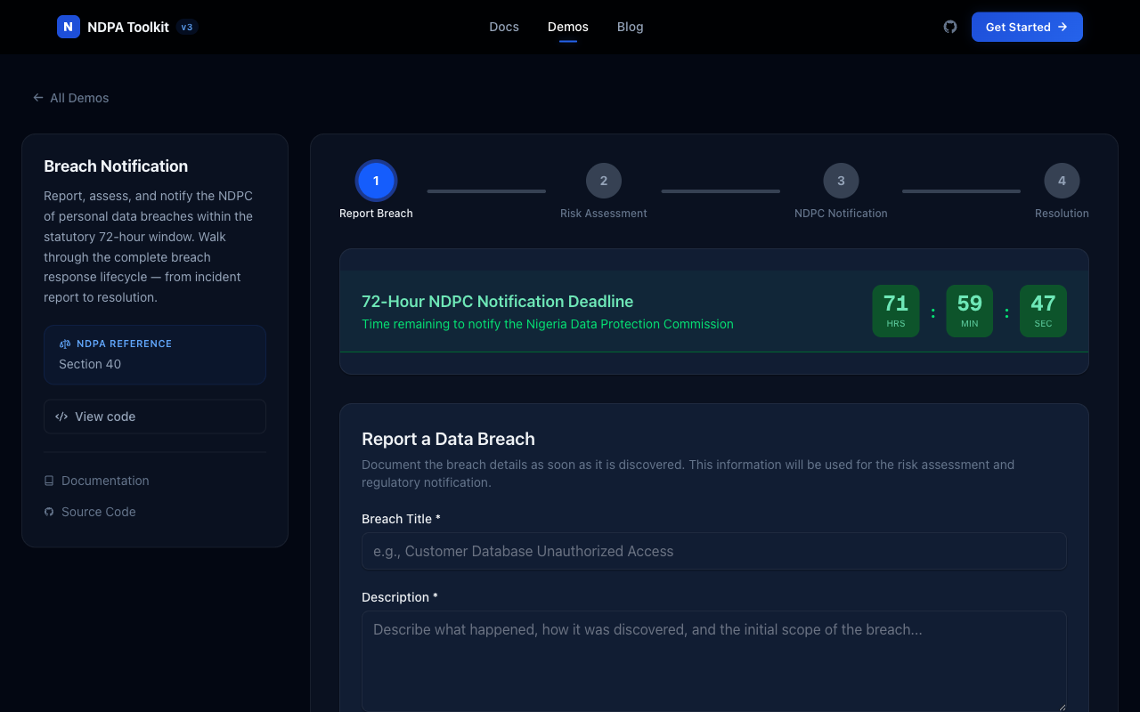 Breach Notification — 72-hour countdown with step-by-step workflow