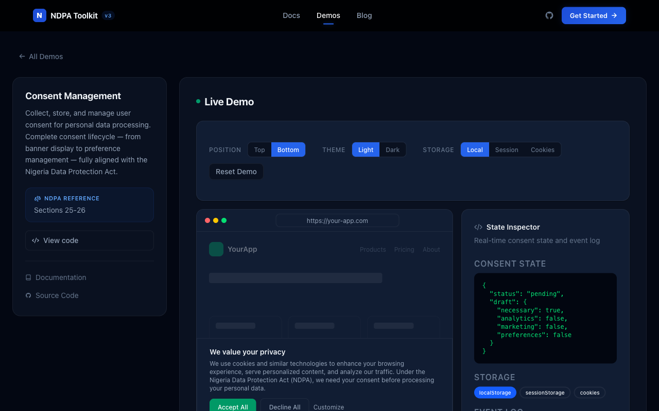 Consent Management Demo — interactive consent banner with state inspector