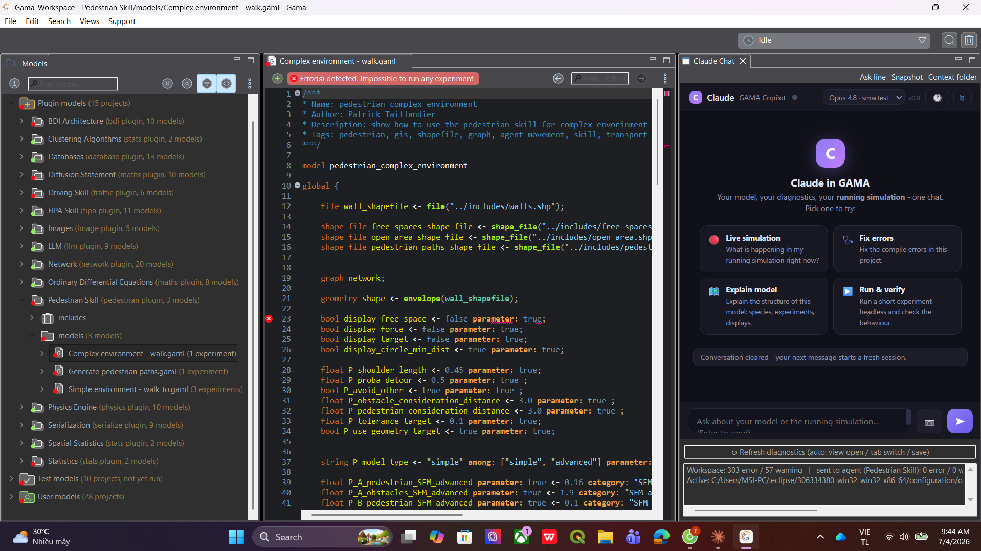 Welcome screen with a broken project — errors banner on top, suggestion cards in the chat