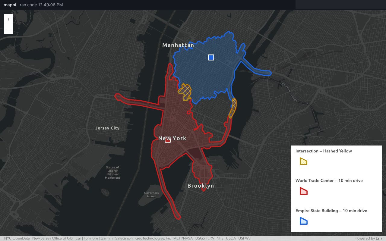 Map of Manhattan with a blue 10-minute drive-time area around the Empire State Building, a red one around the World Trade Center, and two small yellow hatched overlap areas