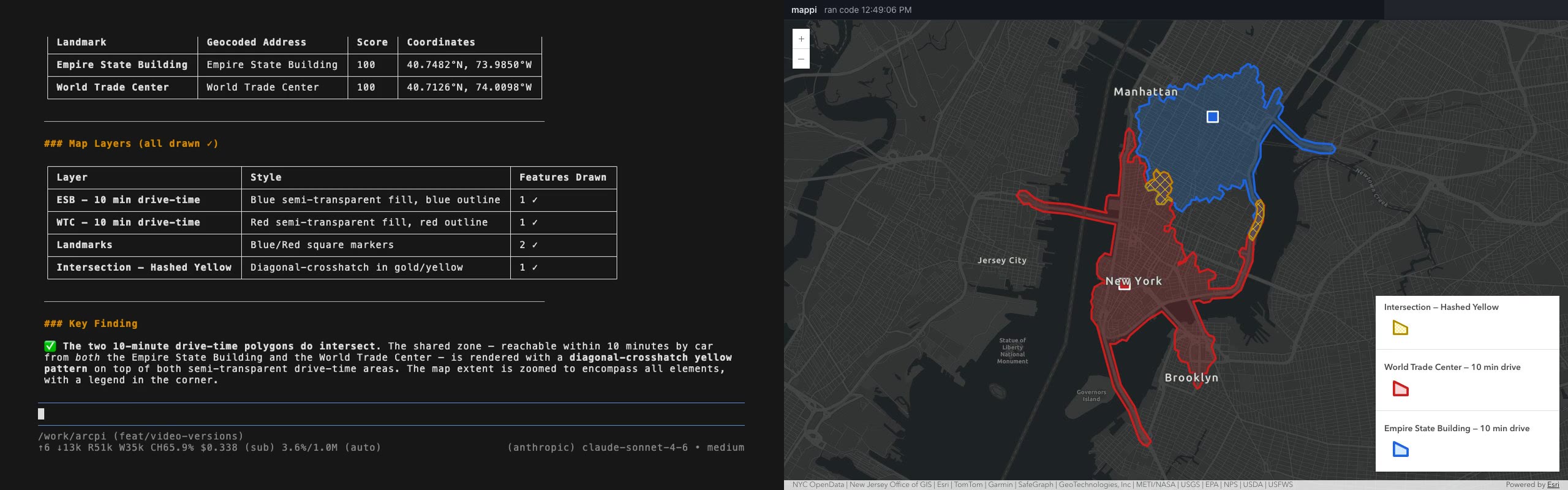The pi conversation in the terminal on the left, and the live map with two drive-time areas and their hatched yellow overlap on the right