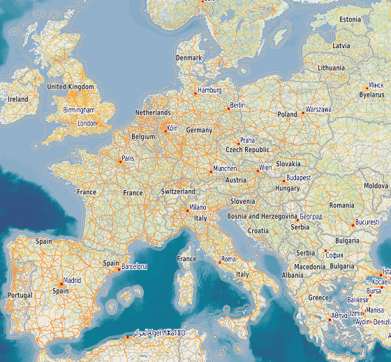 OpenStreetMap WMS map image of Europe with country labels and roads