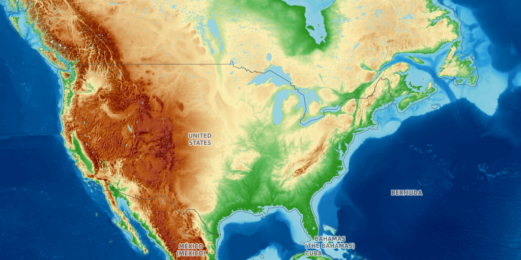OpenTopoMap tiles of North America, stitched into one map image