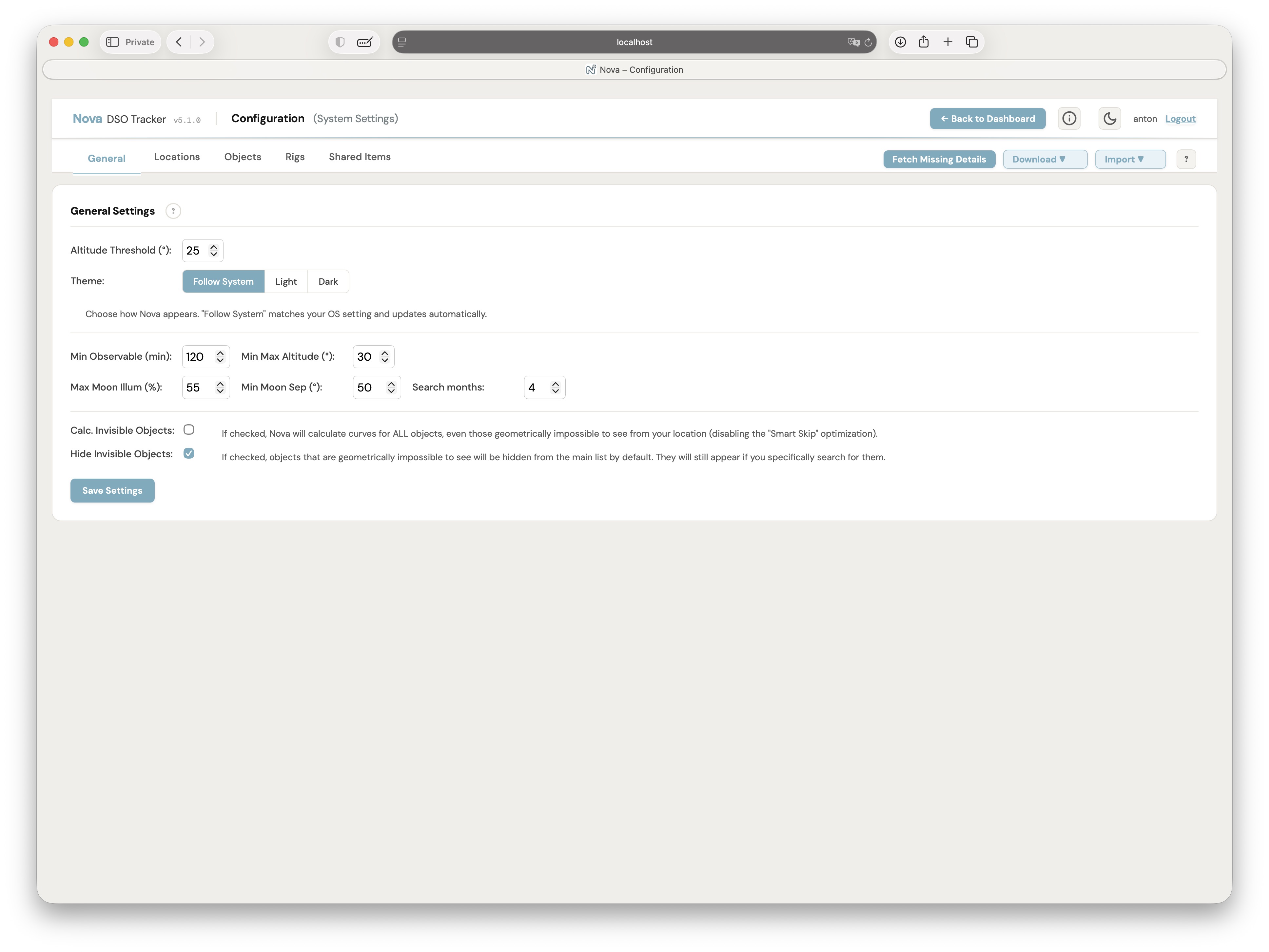 Configuration page