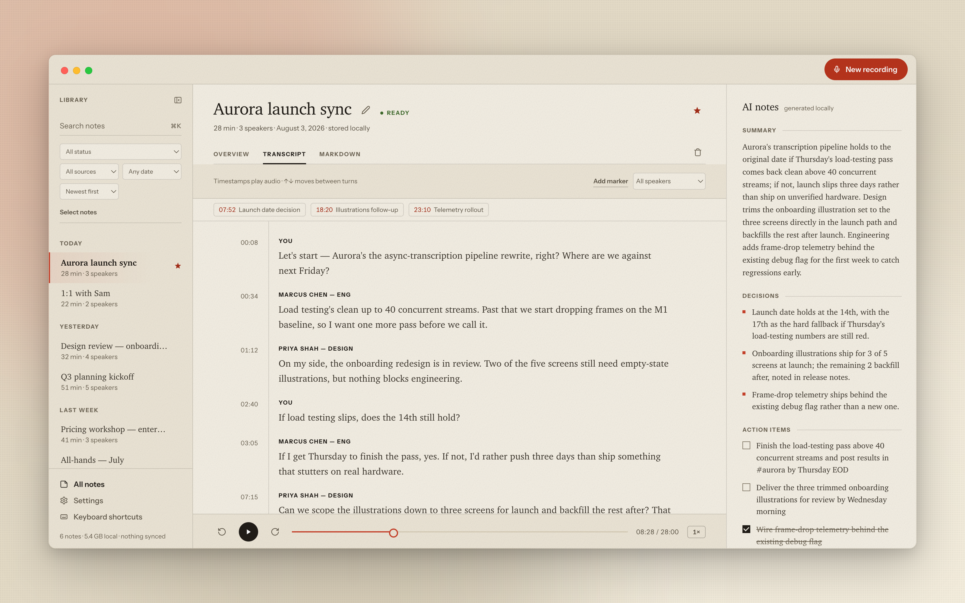 Minute — meeting overview with summary, decisions, action items, markers, and local ask