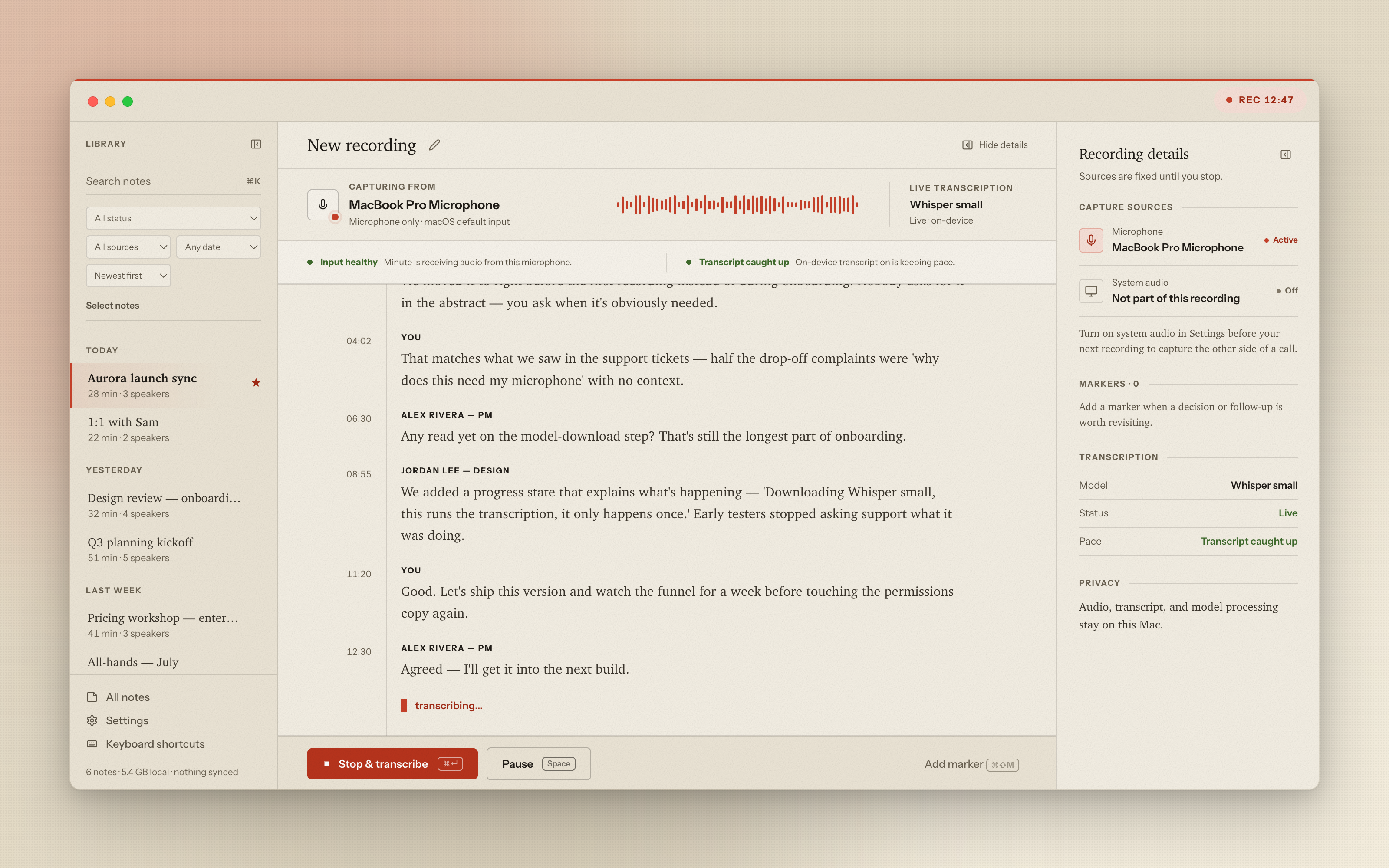 Minute — a live recording with source, health, transcript, and marker details