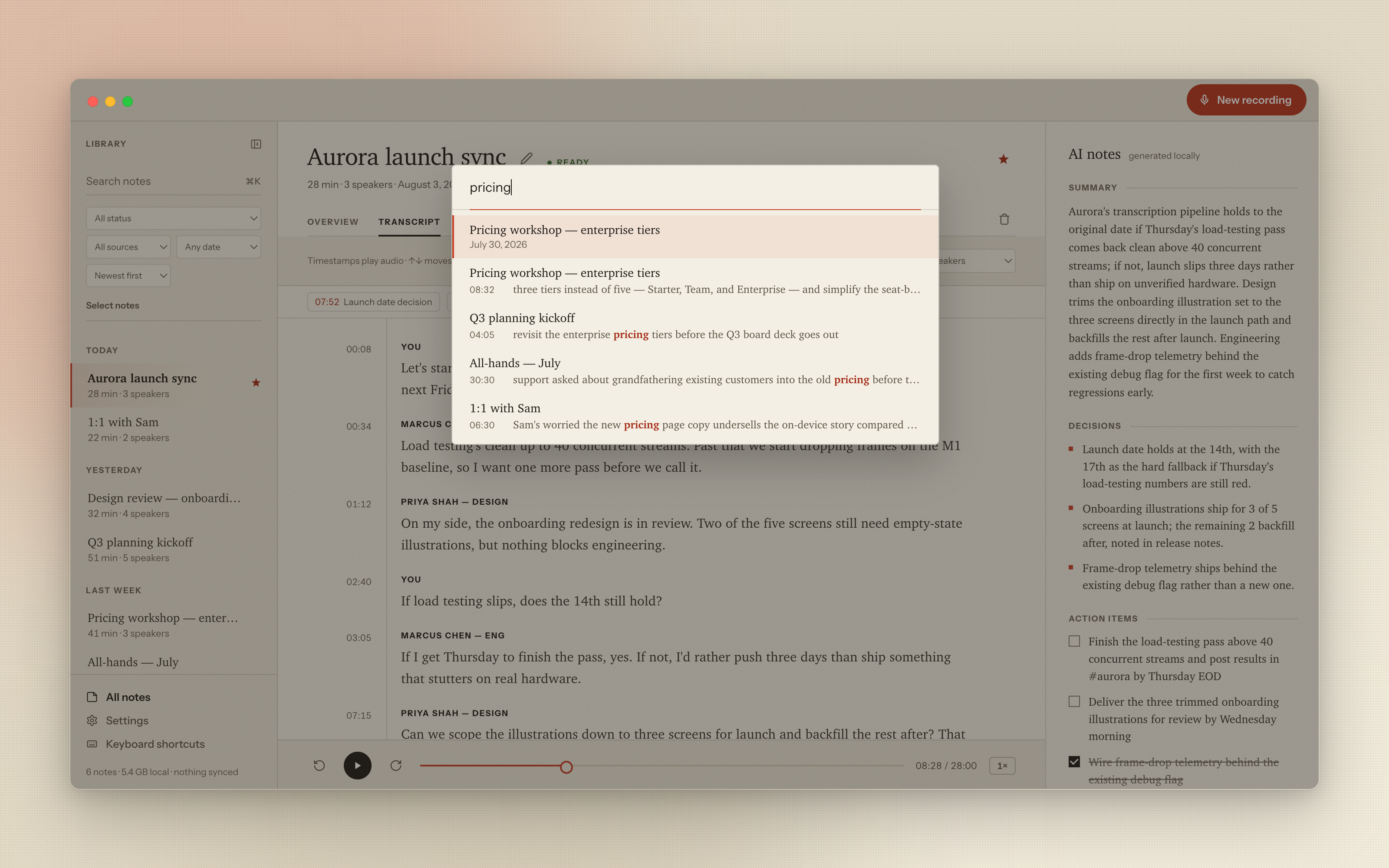 Minute — the ⌘K search palette showing title and transcript hits